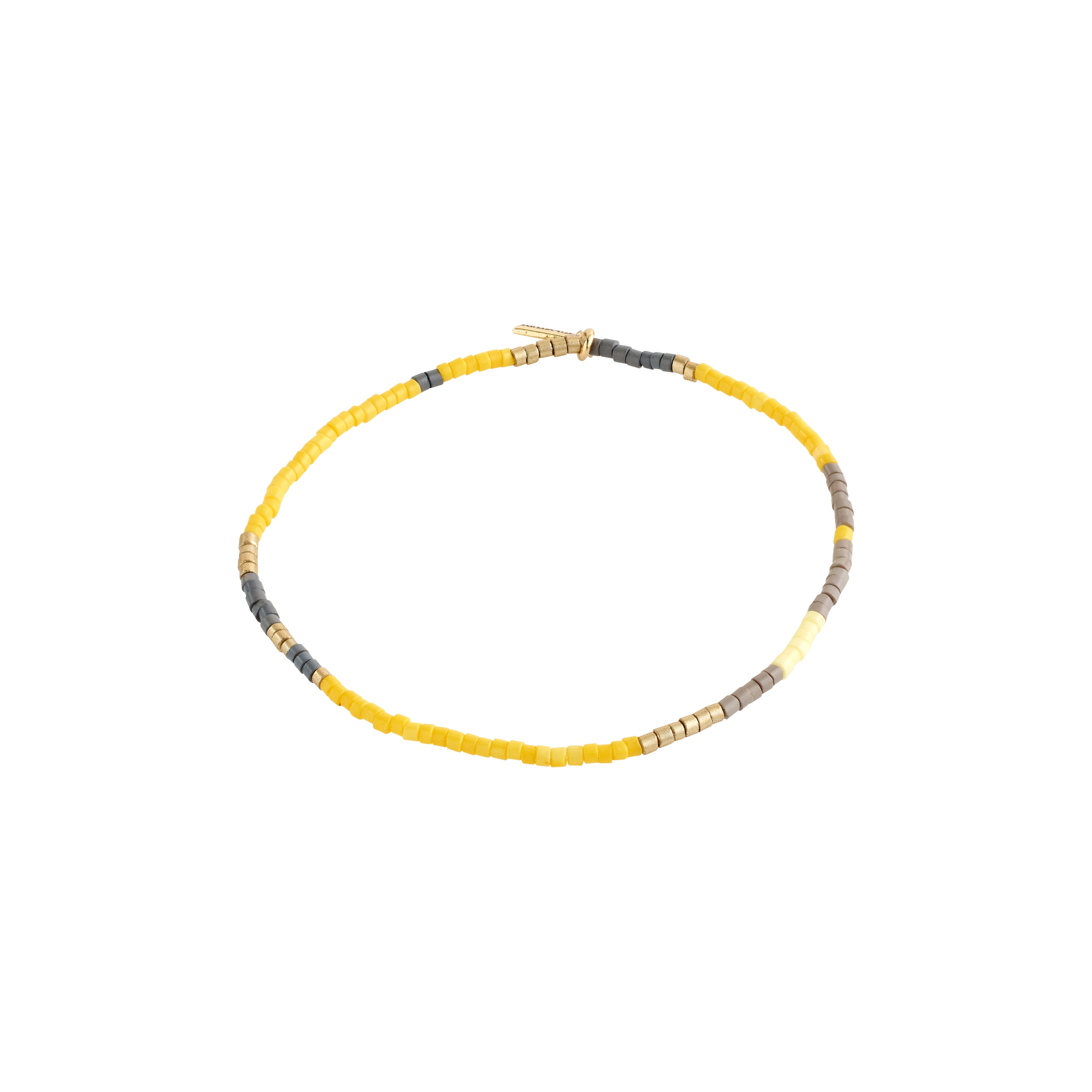 ALISON bracelet with yellow and grey glass beads, gold-plated, on a lycra band. Perfect for stacking, reflecting Pilgrim's boho-inspired, handmade Danish jewelry style.
