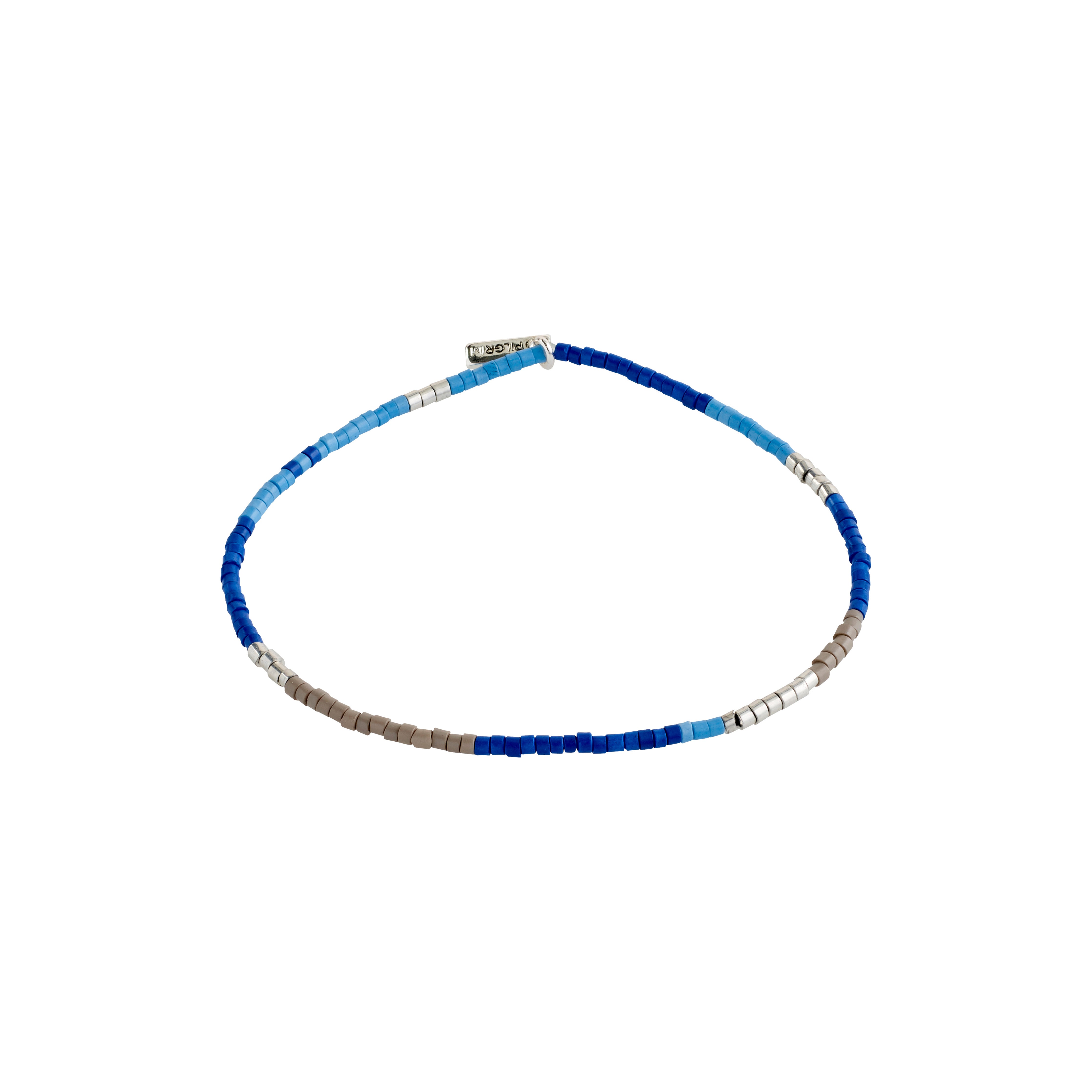 ALISON bracelet blue, silver-plated, featuring blue and grey beads on a durable elastic band, perfect for stacking and creating a boho-inspired style.
