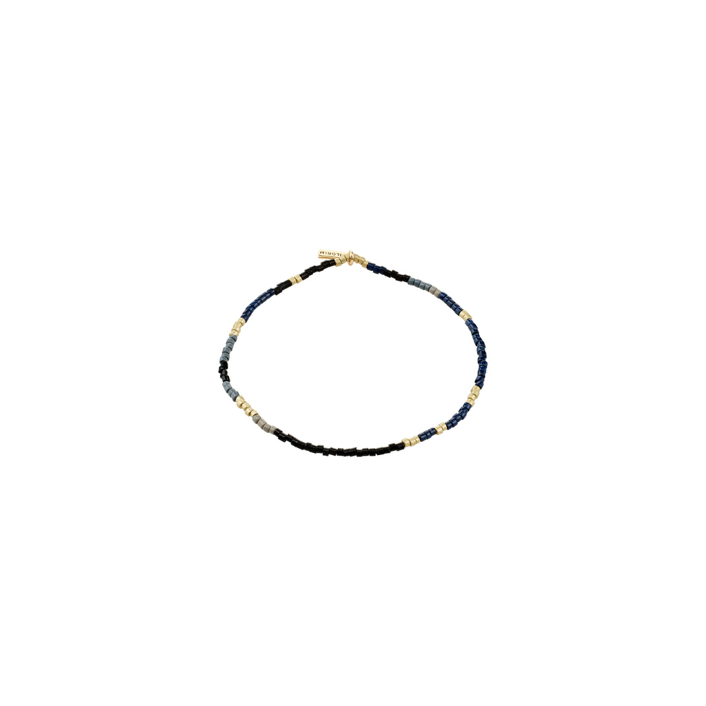 ALISON bracelet: minimalist loop of matte navy, black, slate-gray beads with gold-tone spacers and clasp; flexible lycra elastic for easy wear.