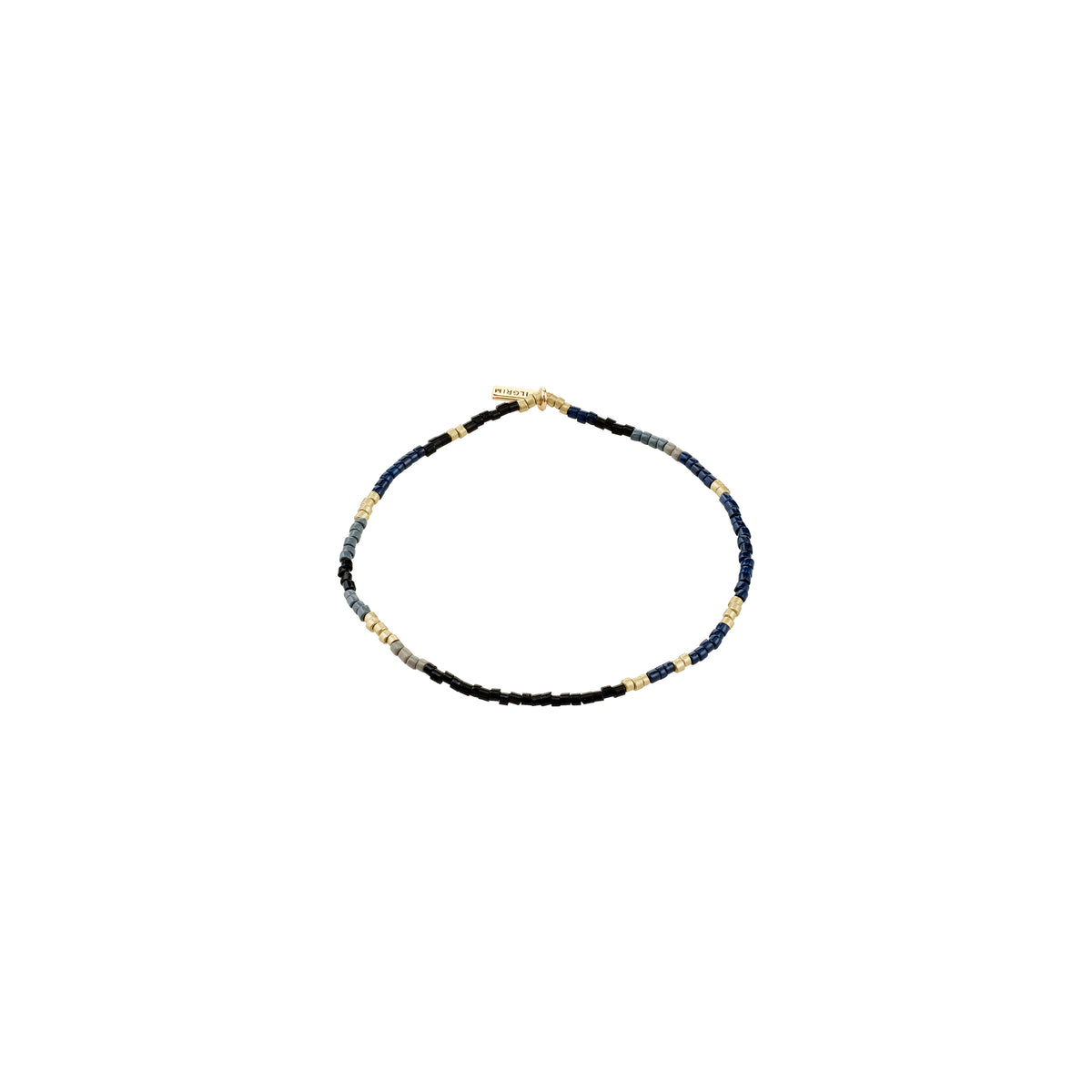 ALISON bracelet: minimalist loop of matte navy, black, slate-gray beads with gold-tone spacers and clasp; flexible lycra elastic for easy wear.