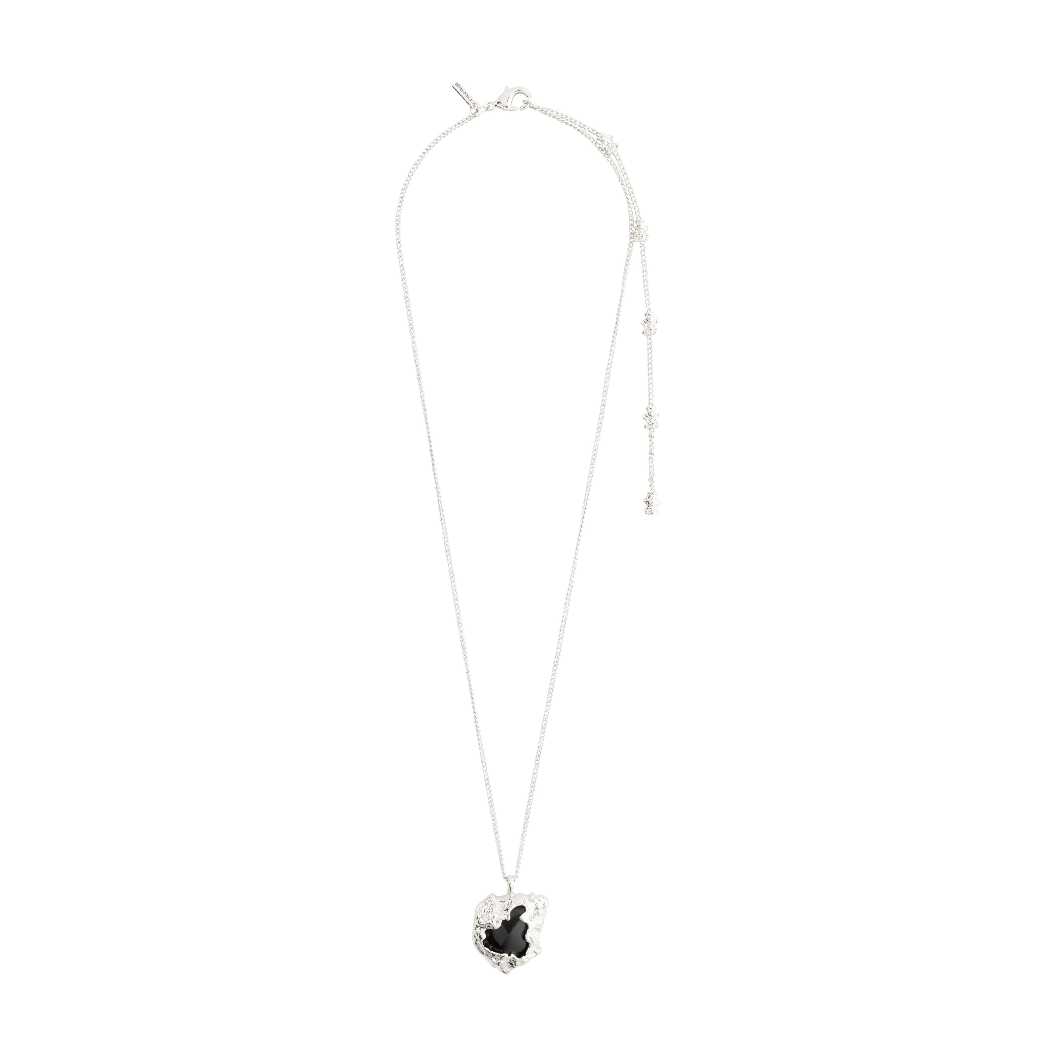FRANK pendant necklace, silver-plated with a black agate stone in an organic design, adjustable 44 cm length, highlighting Pilgrim's handcrafted Danish aesthetic.