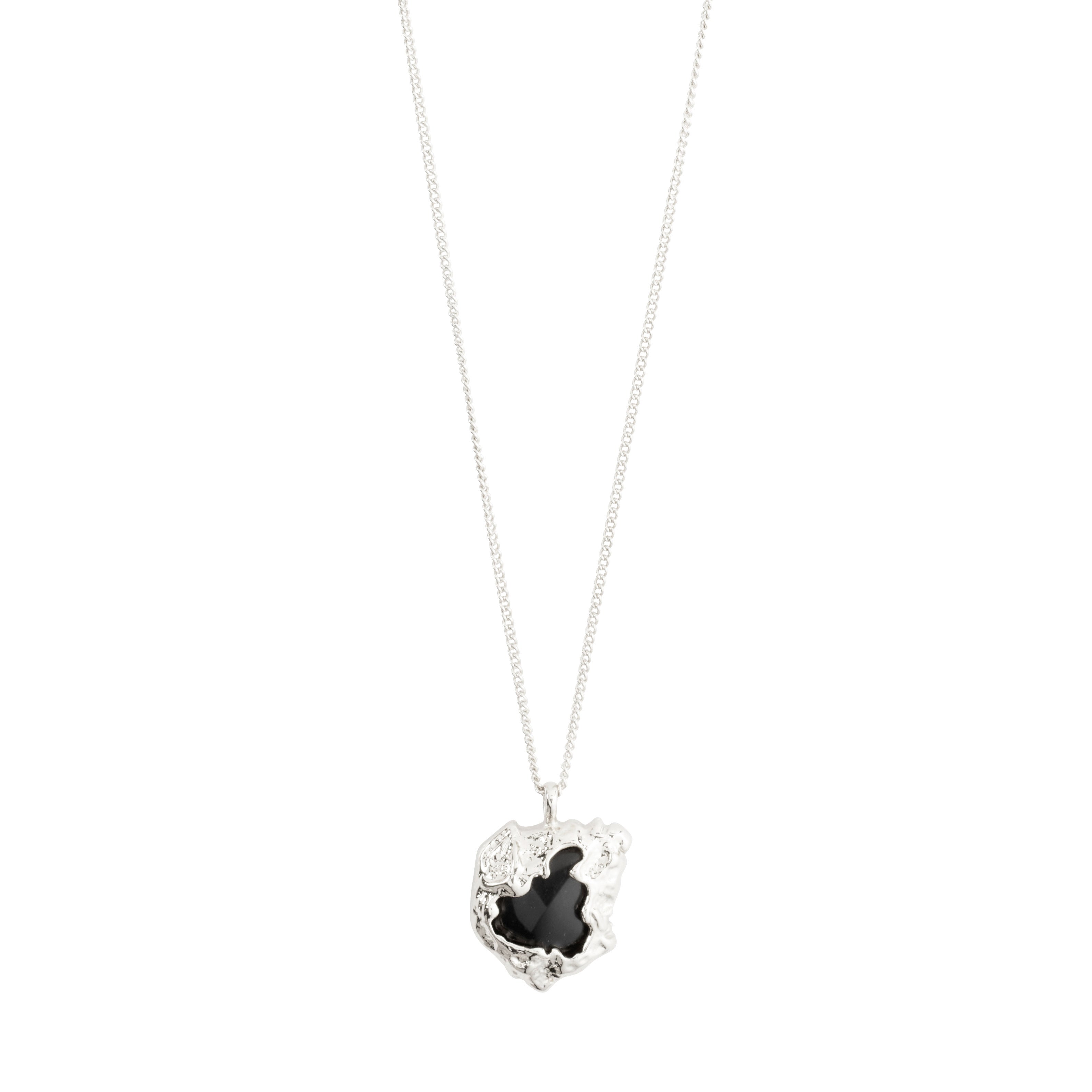 FRANK pendant necklace silver-plated featuring a black agate stone in an organic-shaped silver setting on a customizable chain, embodying unique, handcrafted elegance.