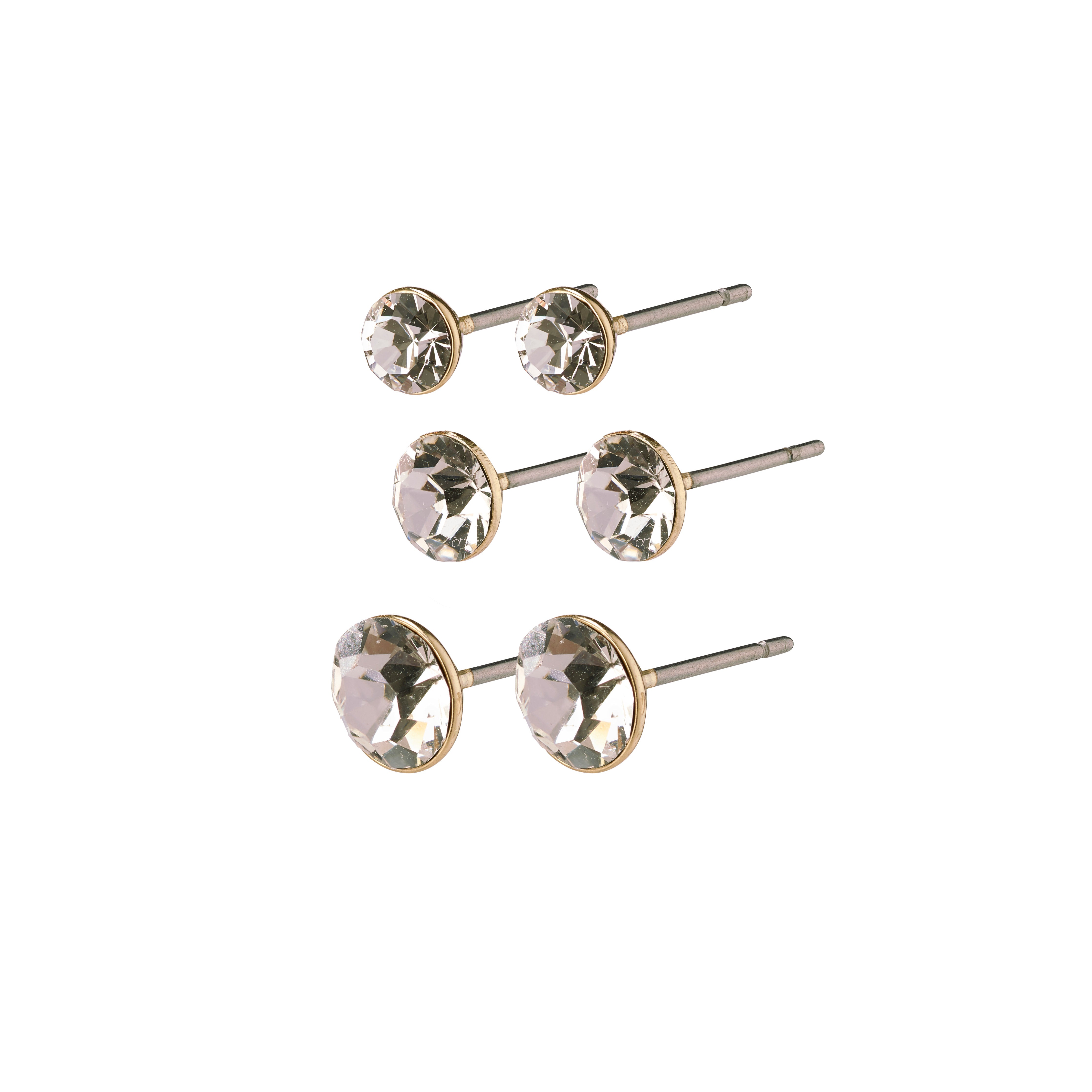 MILLIE crystal earrings, 3-in-1 set, gold-plated, featuring variously sized diamond-like studs, perfect for versatile, stylish ear curation.