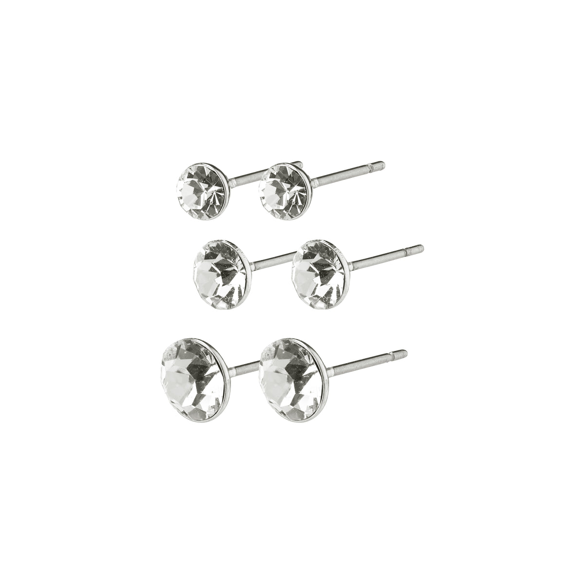 MILLIE crystal earrings 3-in-1 set, silver-plated, featuring three sizes of diamond-like studs for versatile styling; perfect for a trendy, layered look.