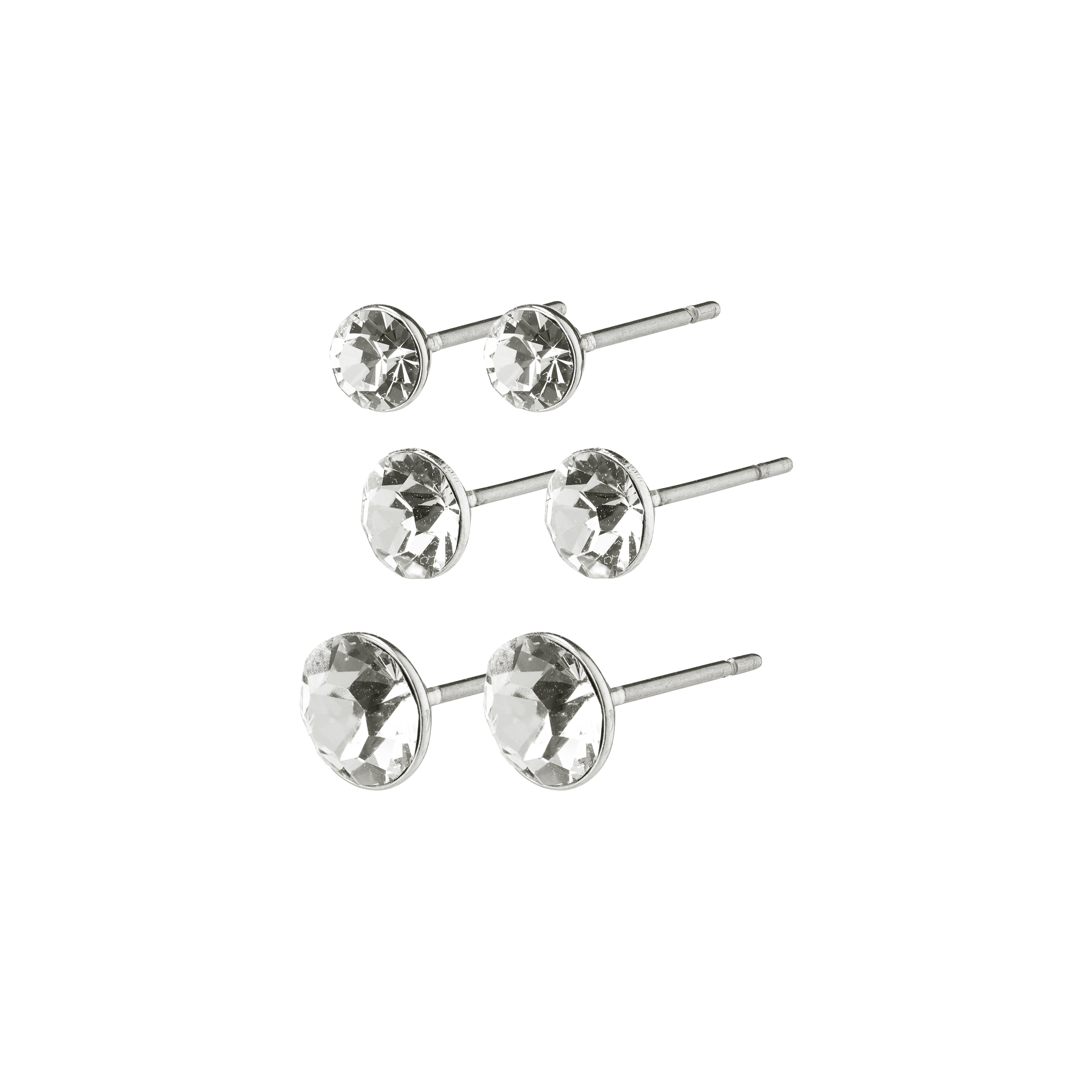MILLIE crystal earrings 3-in-1 set, silver-plated, featuring three sizes of diamond-like studs for versatile styling; perfect for a trendy, layered look.