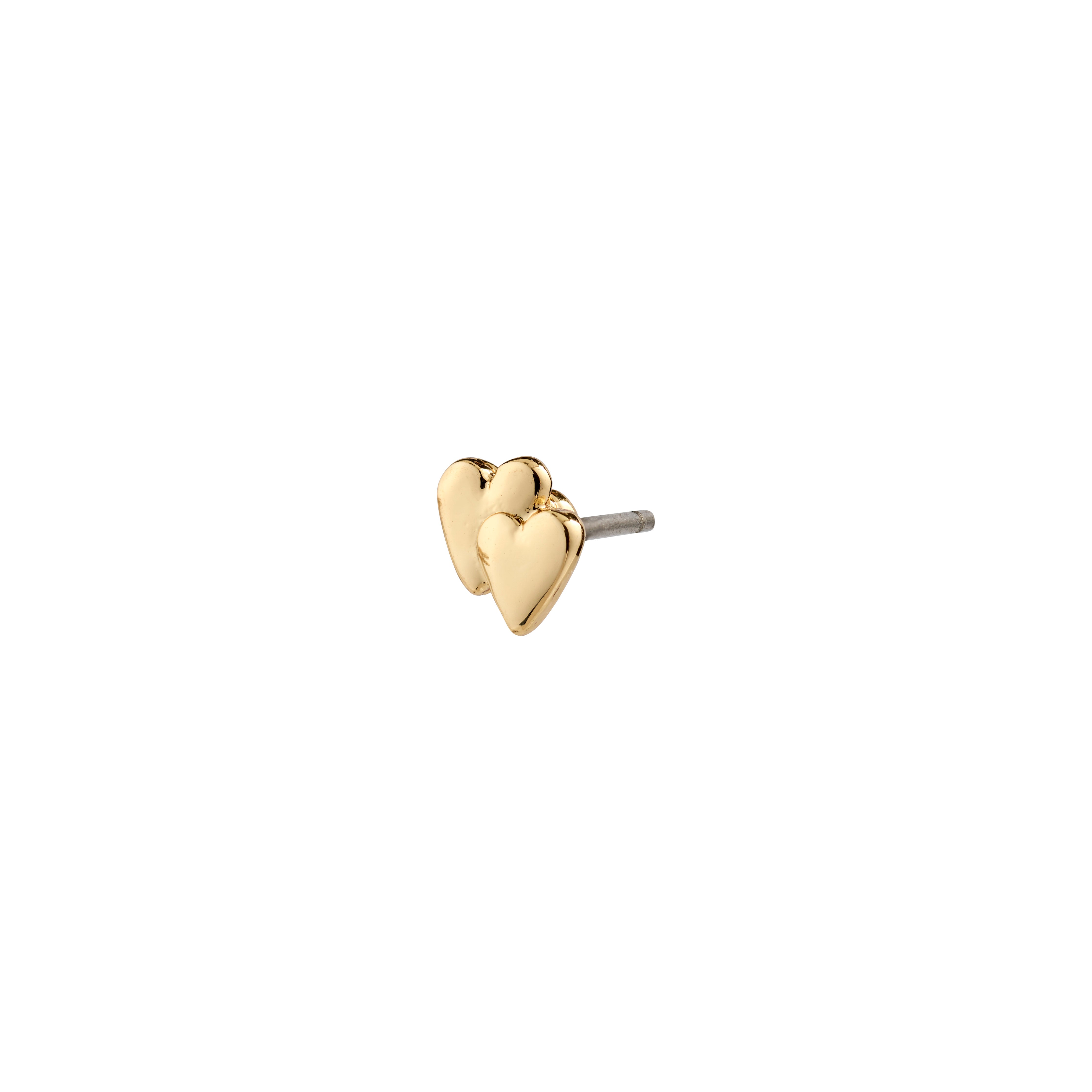 PRISKA single earring, gold-plated, featuring two tiny heart shapes, perfect for mixing and matching. Made from 99% recycled material, emphasizing sustainability and personal style.