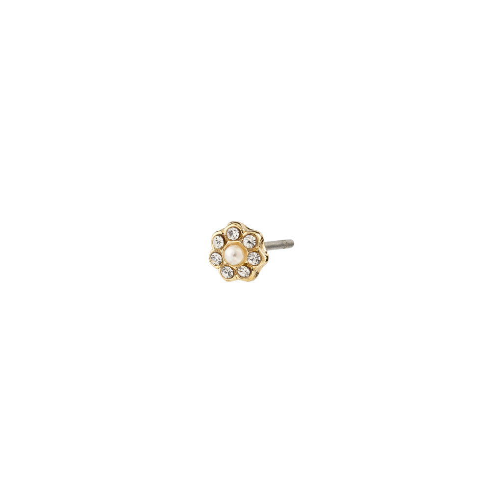 NIKOLETA single earring, gold-plated, featuring a floral motif with a pearlescent bead and sparkling Preciosa crystals, perfect for an eco-chic, personalized style.