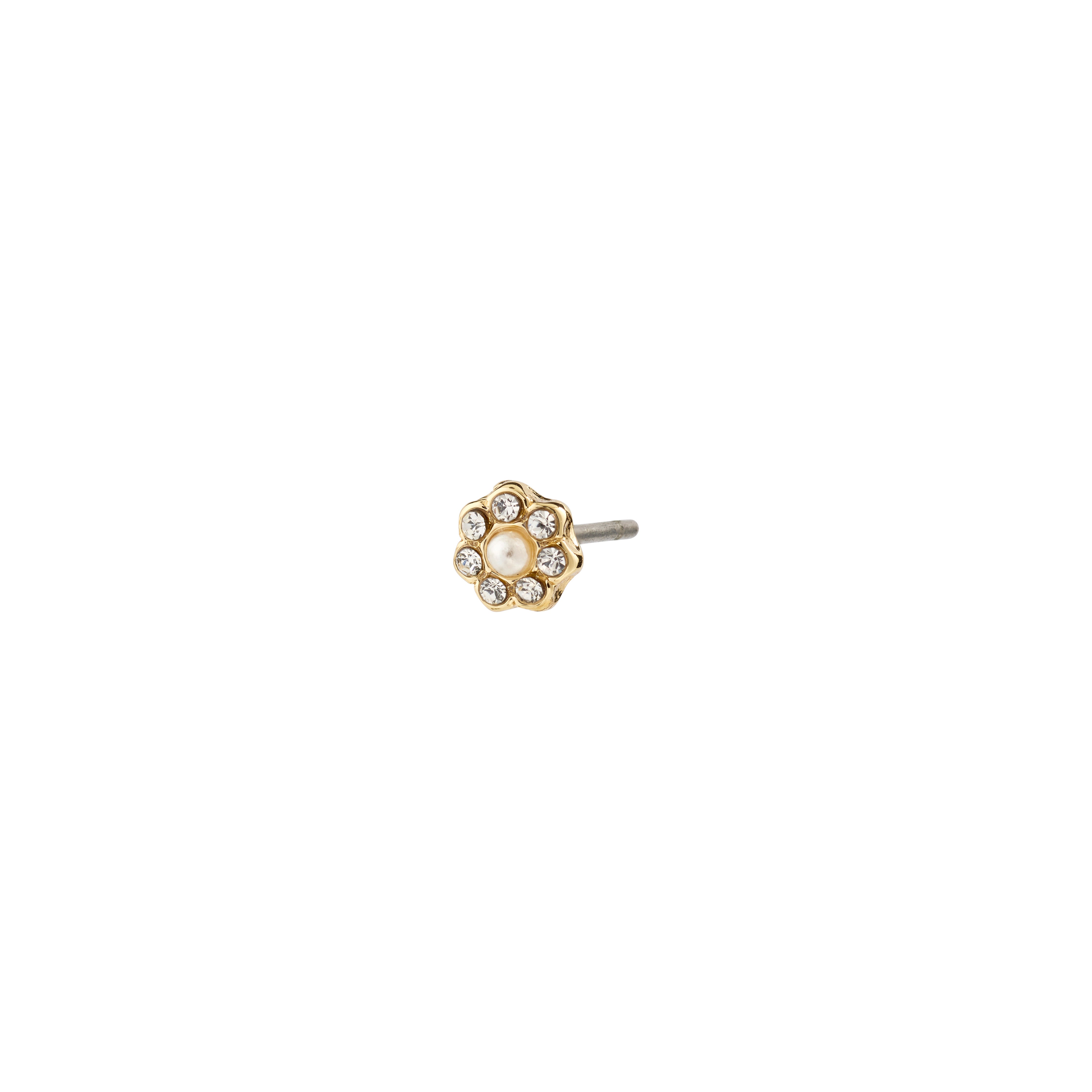NIKOLETA single earring, gold-plated, featuring a floral motif with a pearlescent bead and sparkling Preciosa crystals, perfect for an eco-chic, personalized style.