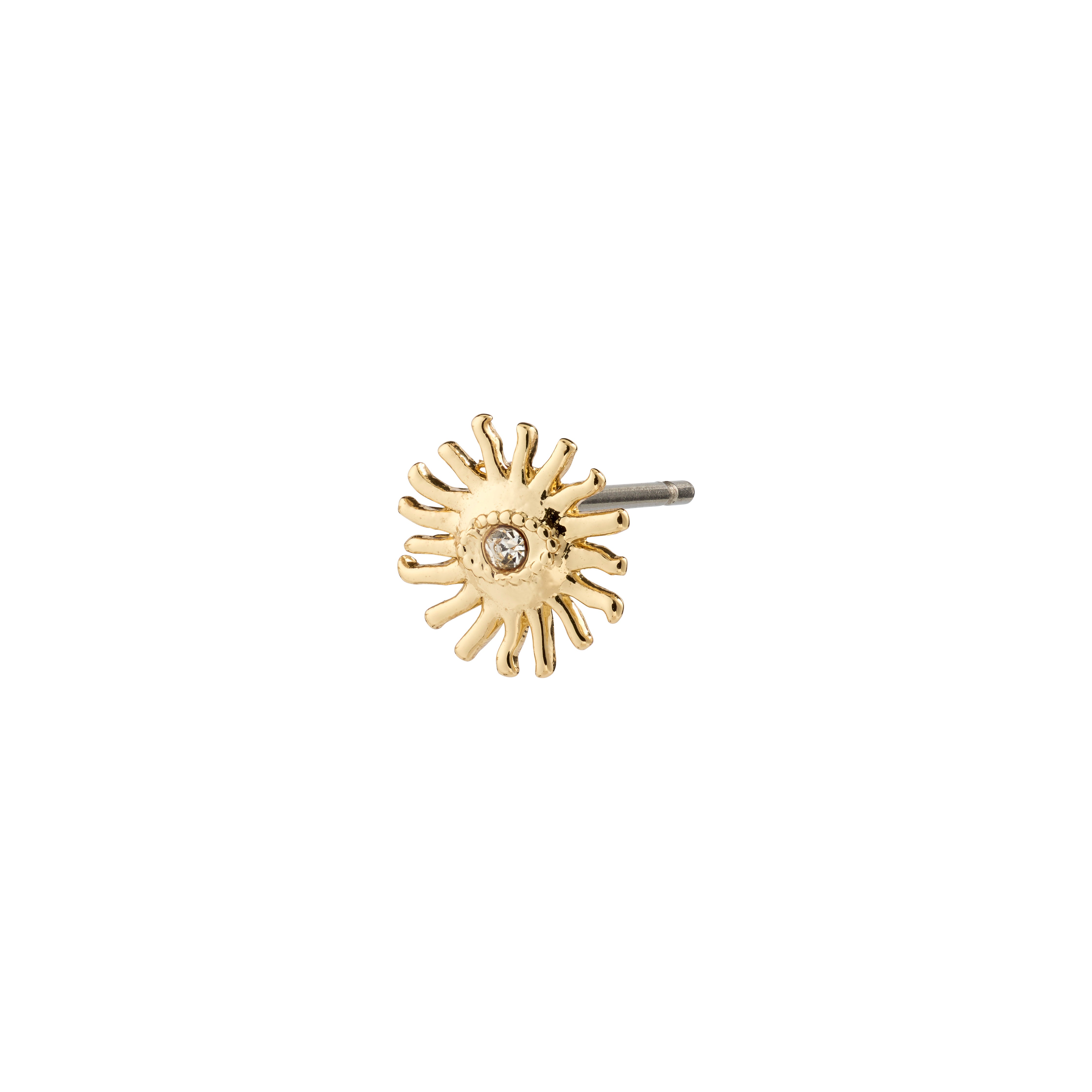 LAMIA single gold-plated earring shaped like a radiant sun, featuring a Preciosa crystal center, ideal for a personalized, trendy ear curation.