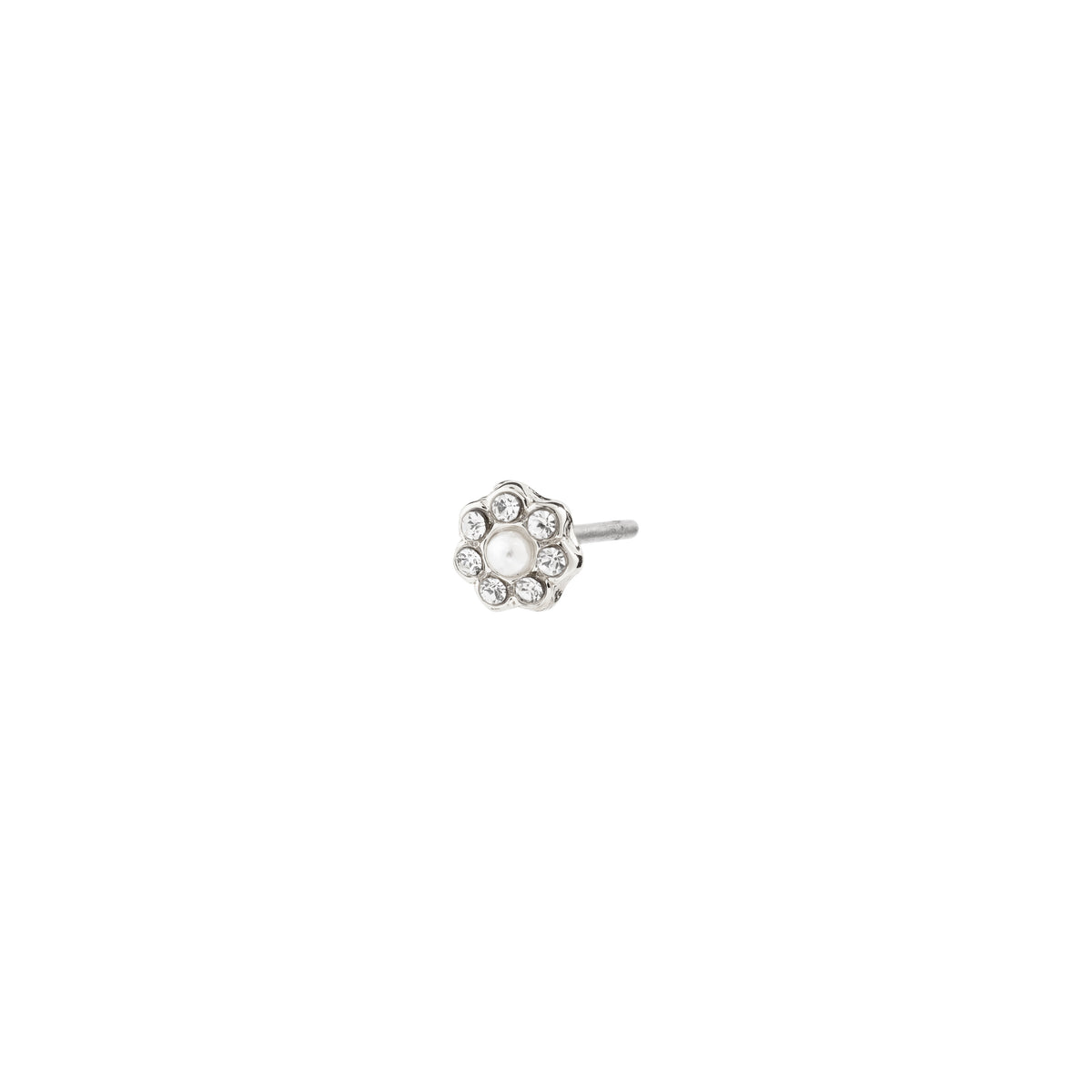 NIKOLETA single earring silver-plated featuring a floral motif with pearlescent glass bead and sparkling Preciosa crystals, embodies eco-chic style and Scandinavian craftsmanship.