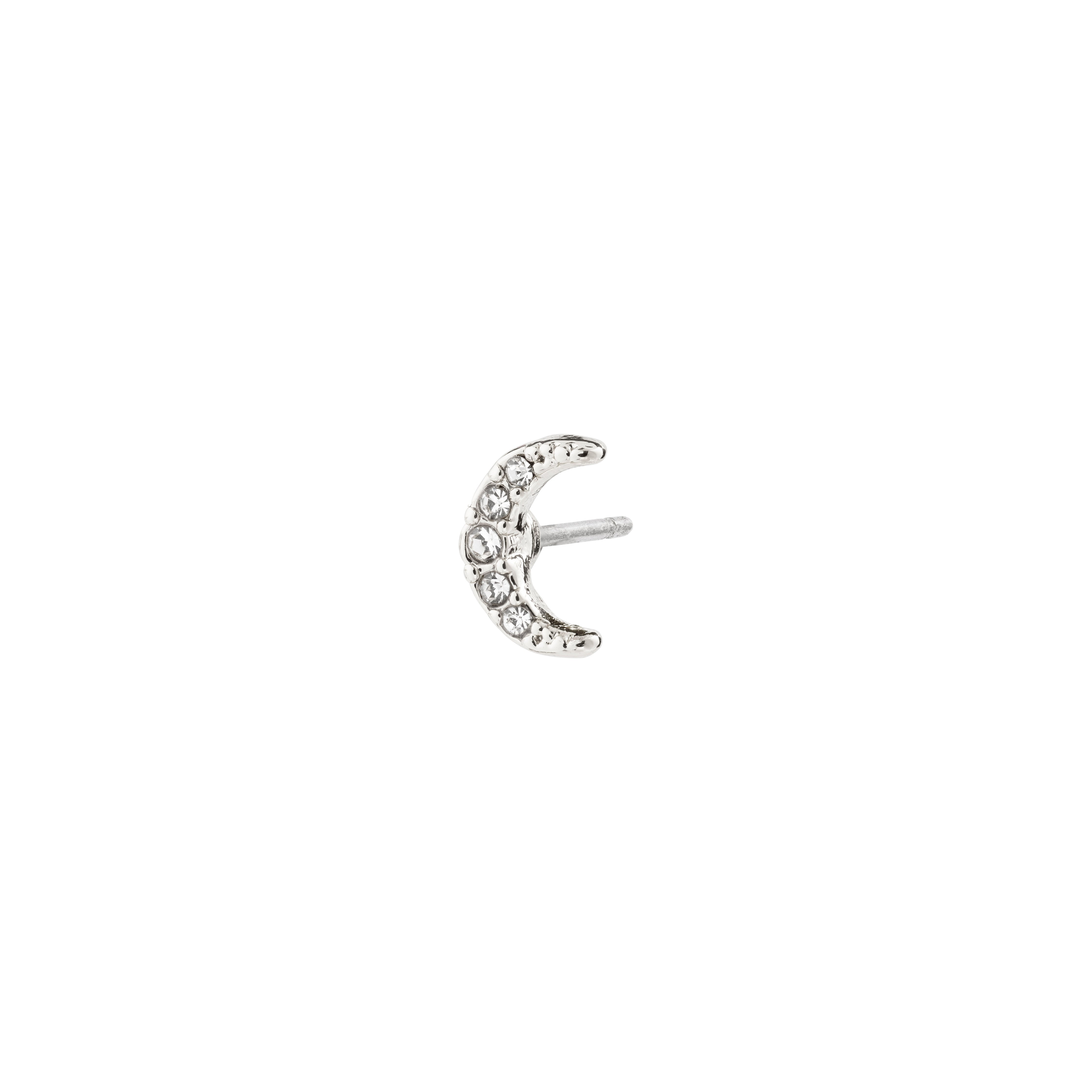 MELINA single earring, silver-plated, crescent moon shape adorned with Preciosa crystals, reflecting moonlight. Crafted from 76% recycled materials by Pilgrim.