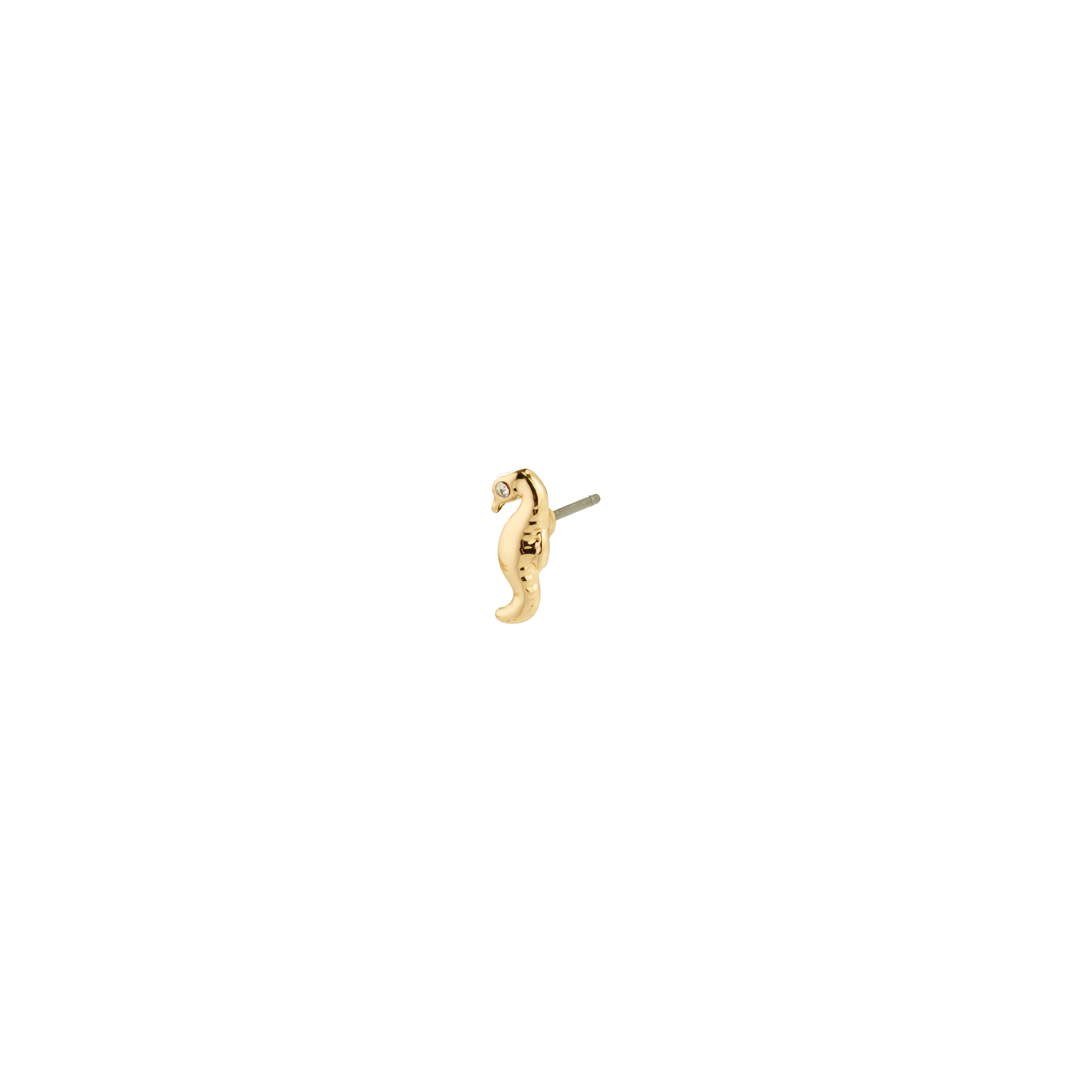 Gold-plated LYRIC single seahorse earring from Pilgrim, crafted from recycled materials, offering a versatile, ocean-inspired accessory for trendy, asymmetrical styling.
