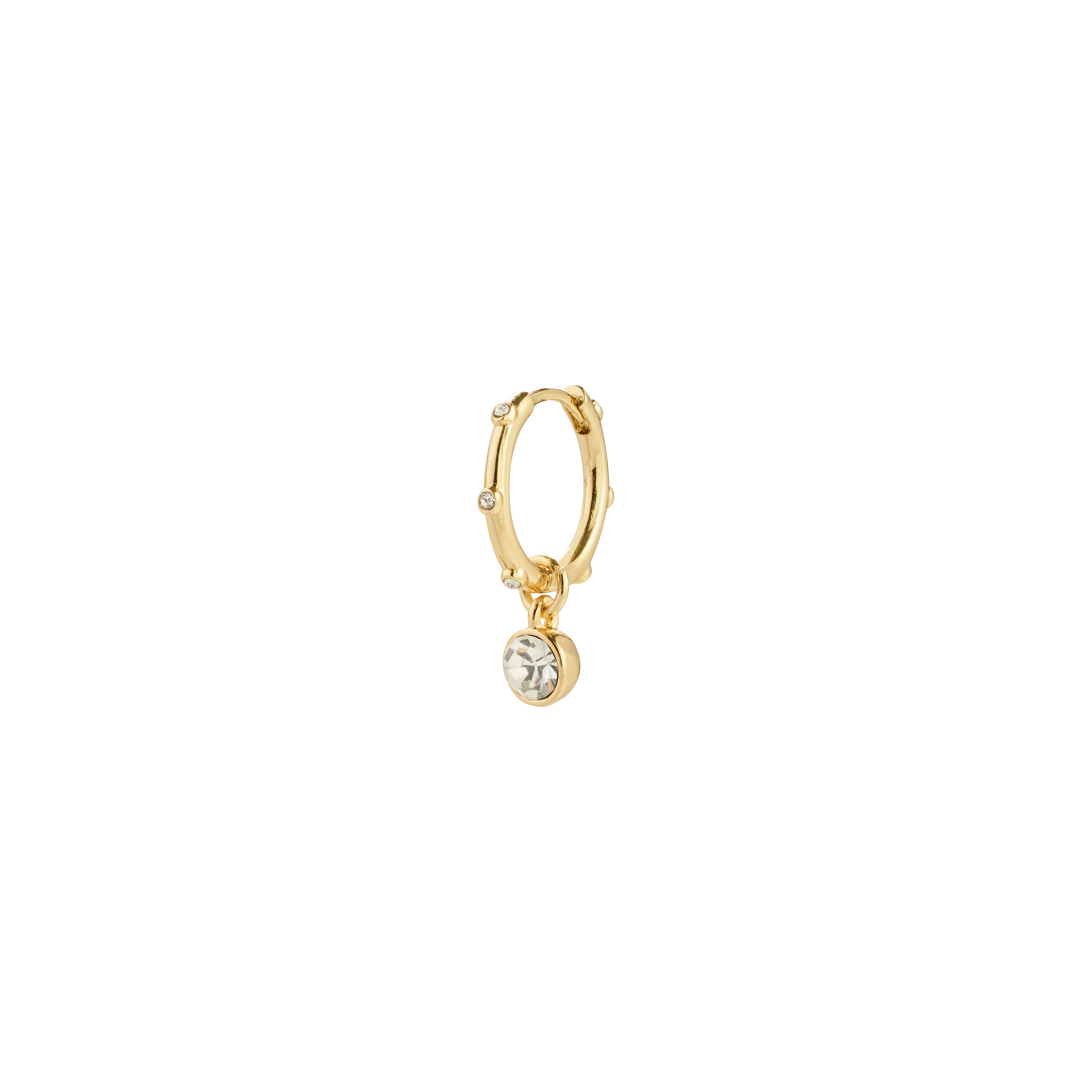 SUNNY single gold-plated earring with sparkling Preciosa crystals and a pendant, crafted from recycled materials, featuring a user-friendly click clasp for style versatility.