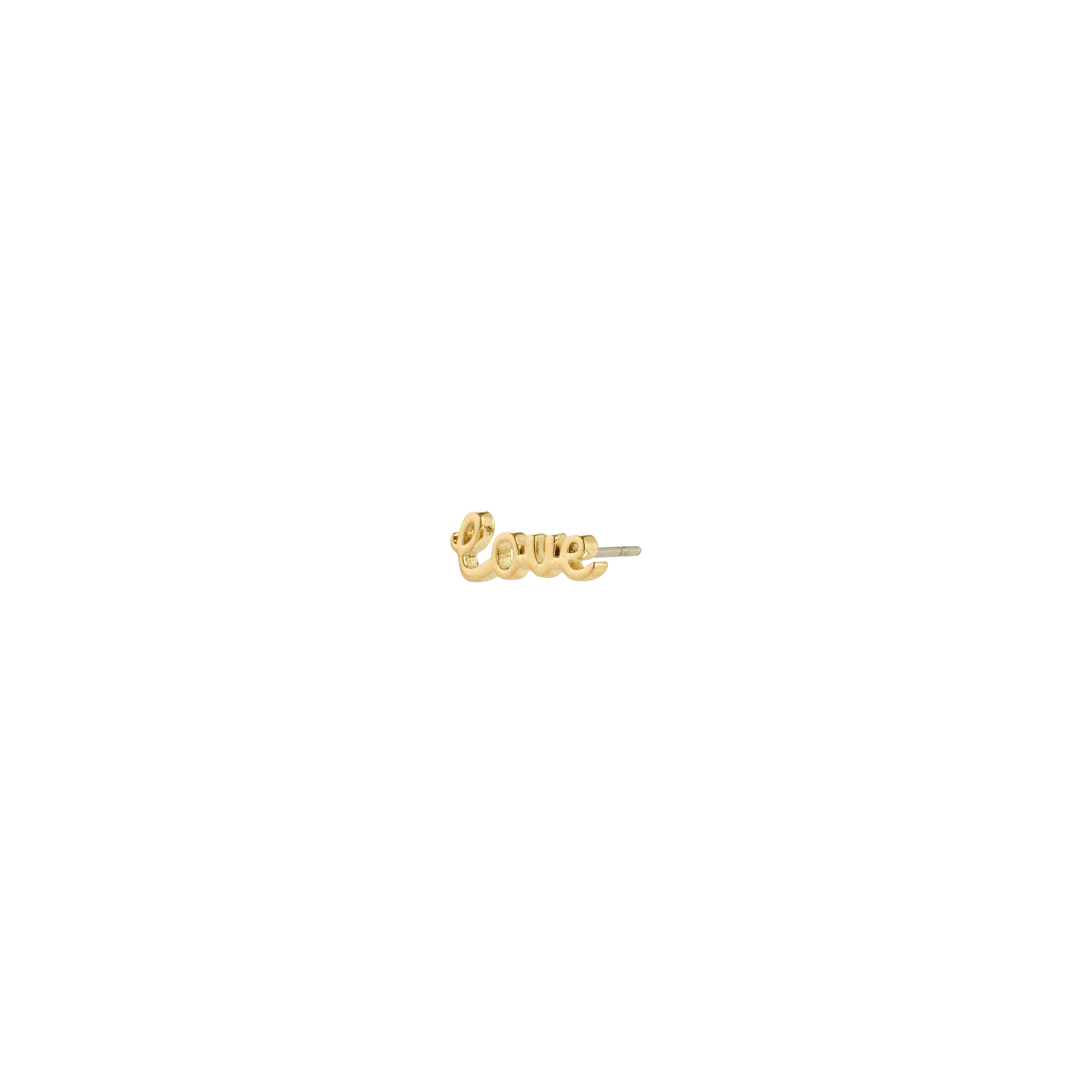 RIO single gold-plated earring, featuring LOVE design, crafted from 99% recycled materials for an elegant, eco-friendly touch. Ideal for solo or stacked wear.