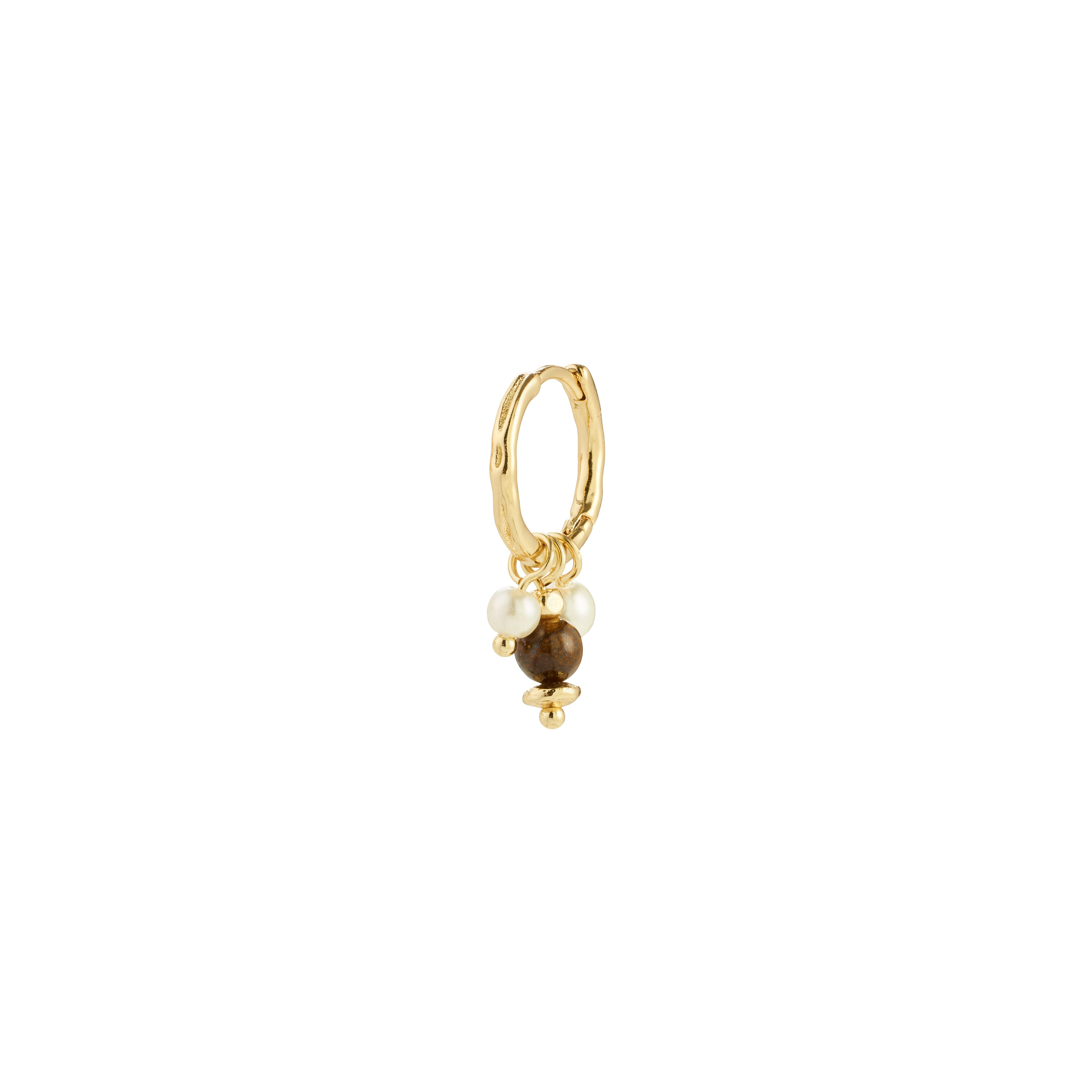 ROYAL single earring gold-plated features a Tiger Eye pendant and mother-of-pearl beads, perfect for a stylish, natural-luxury look.