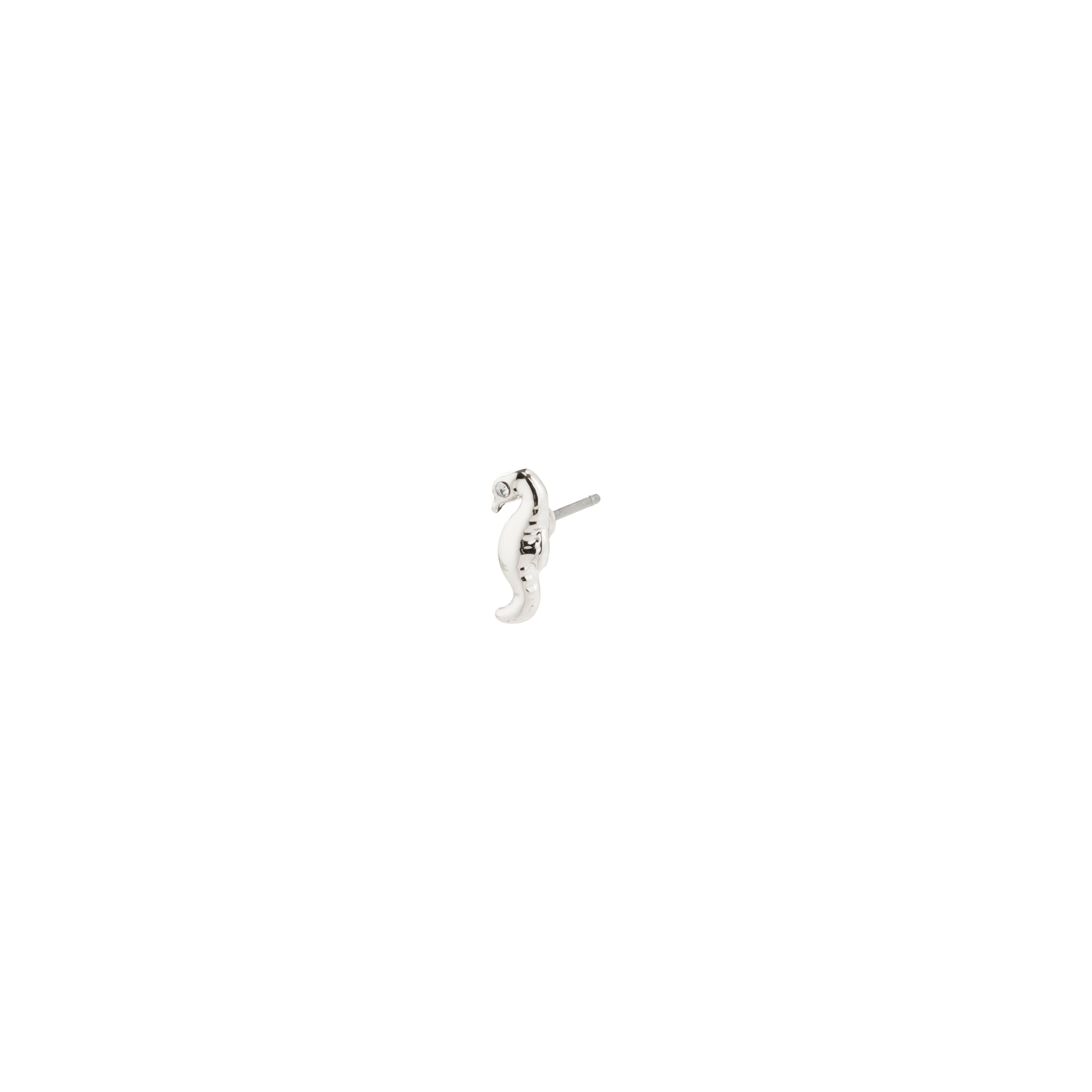 Silver-plated LYRIC single seahorse earring, a tiny, ocean-inspired accessory crafted from recycled material, perfect for trendy, asymmetrical styling.