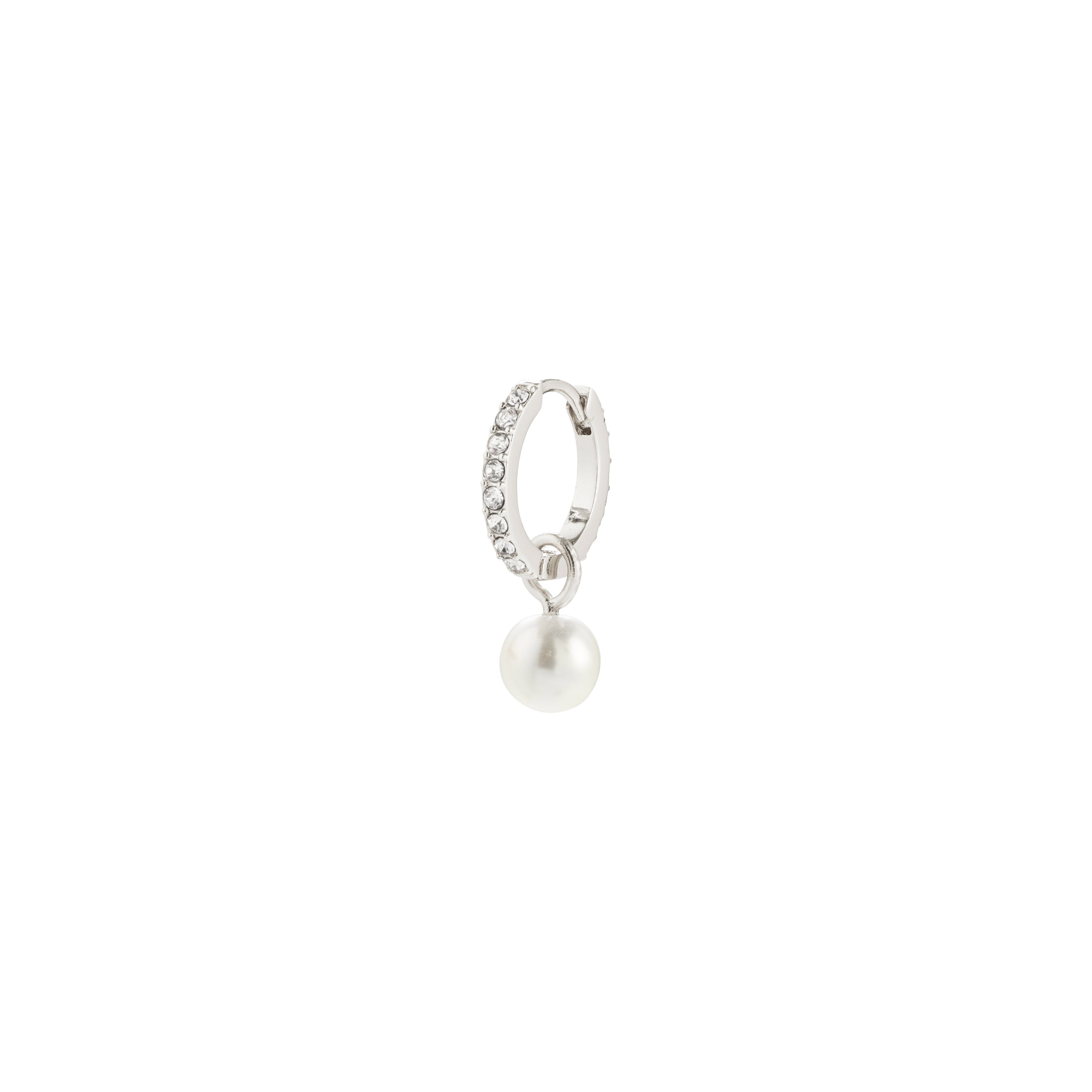 SEVYN single earring silver-plated, featuring Preciosa crystals and a pearl pendant, offers an elegant, eco-friendly touch with a versatile click clasp.