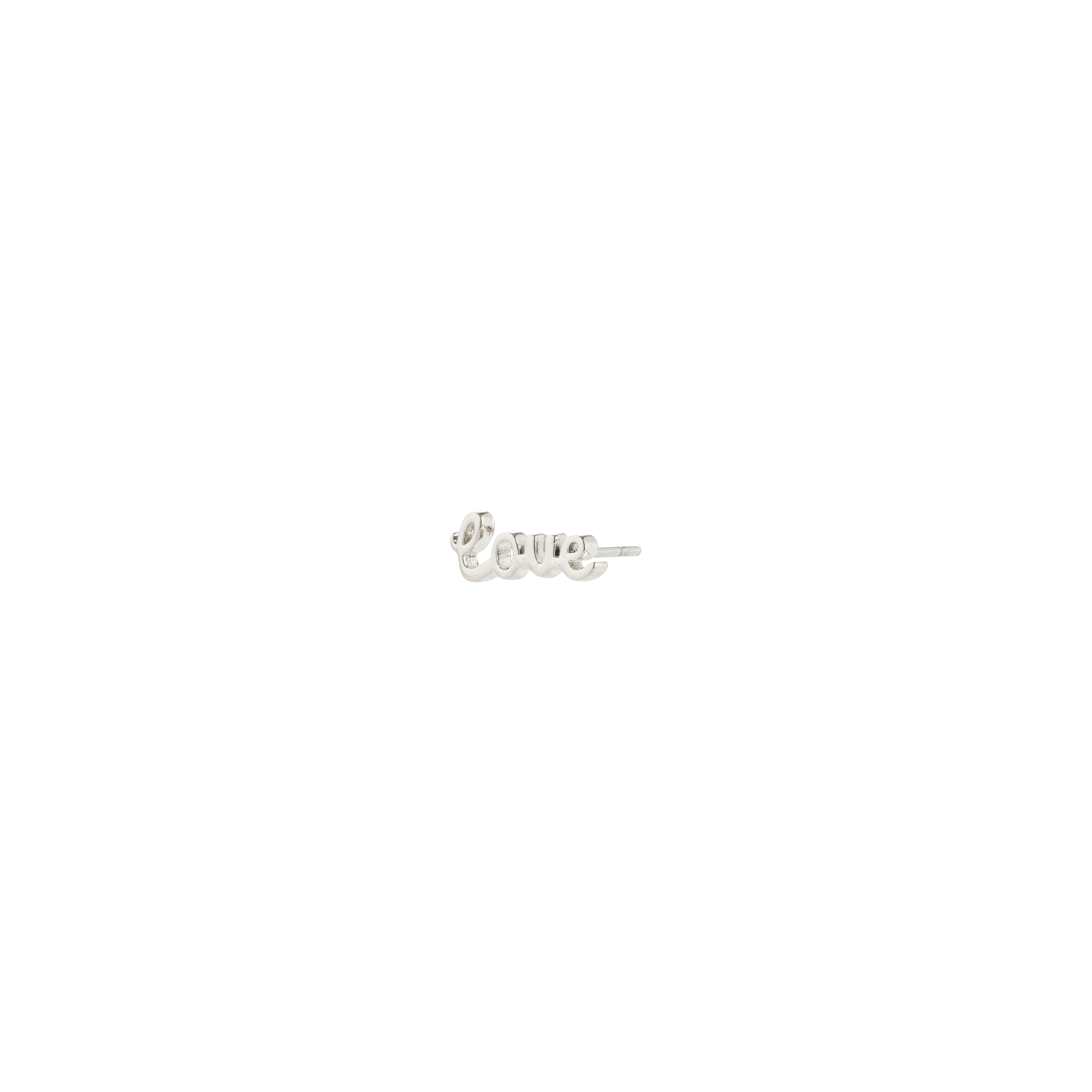Silver-plated RIO single earring featuring LOVE text, crafted from 99% recycled material, offering a timeless, meaningful accessory for a stylish, eco-conscious look.