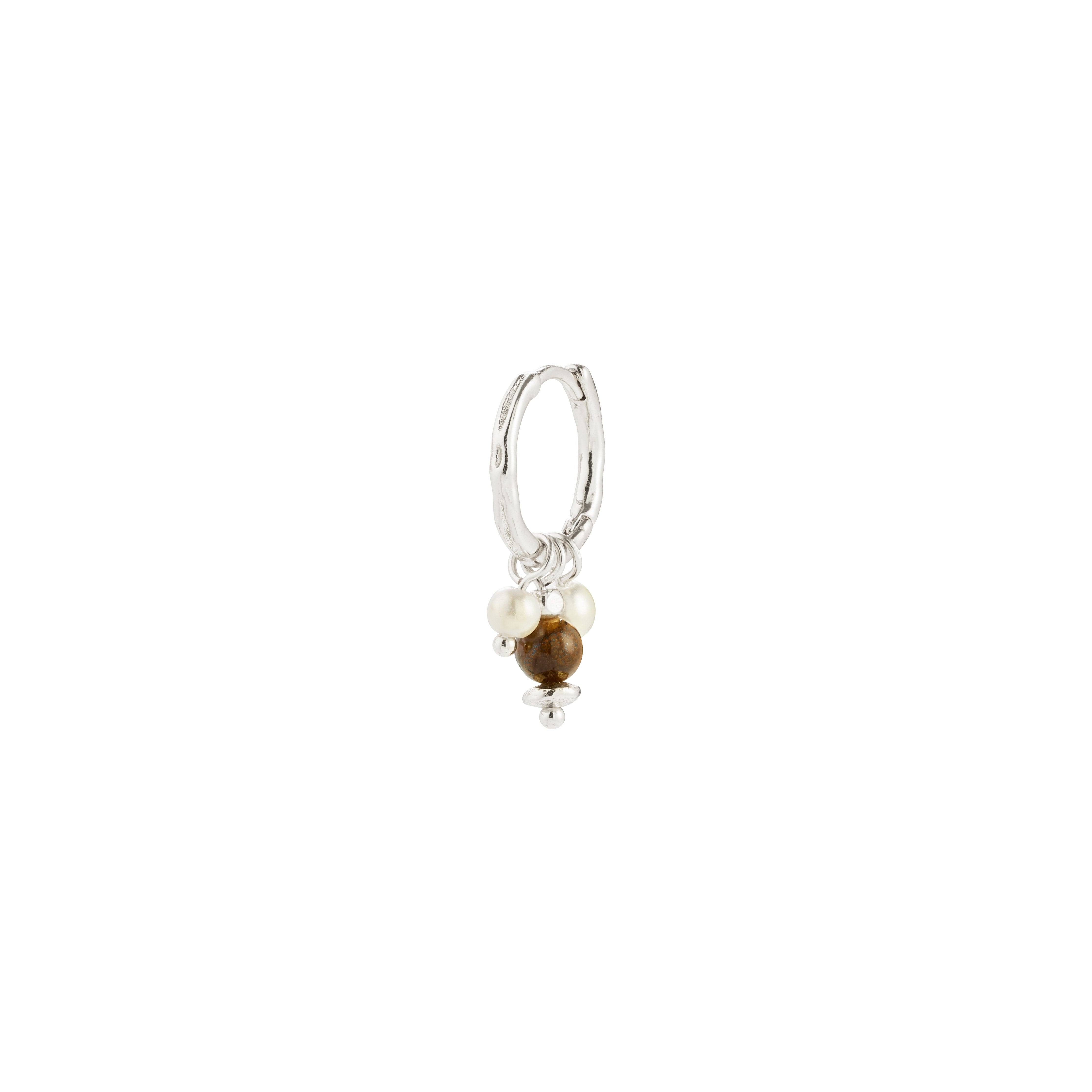 Silver-plated single earring, ROYAL, featuring a Tiger Eye stone pendant and mother-of-pearl beads with an easy click clasp for versatile styling.