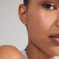 ZOE single earring silver-plated showcased on a woman's ear, featuring colorful Preciosa crystals and a click clasp for easy wear, made from recycled materials.