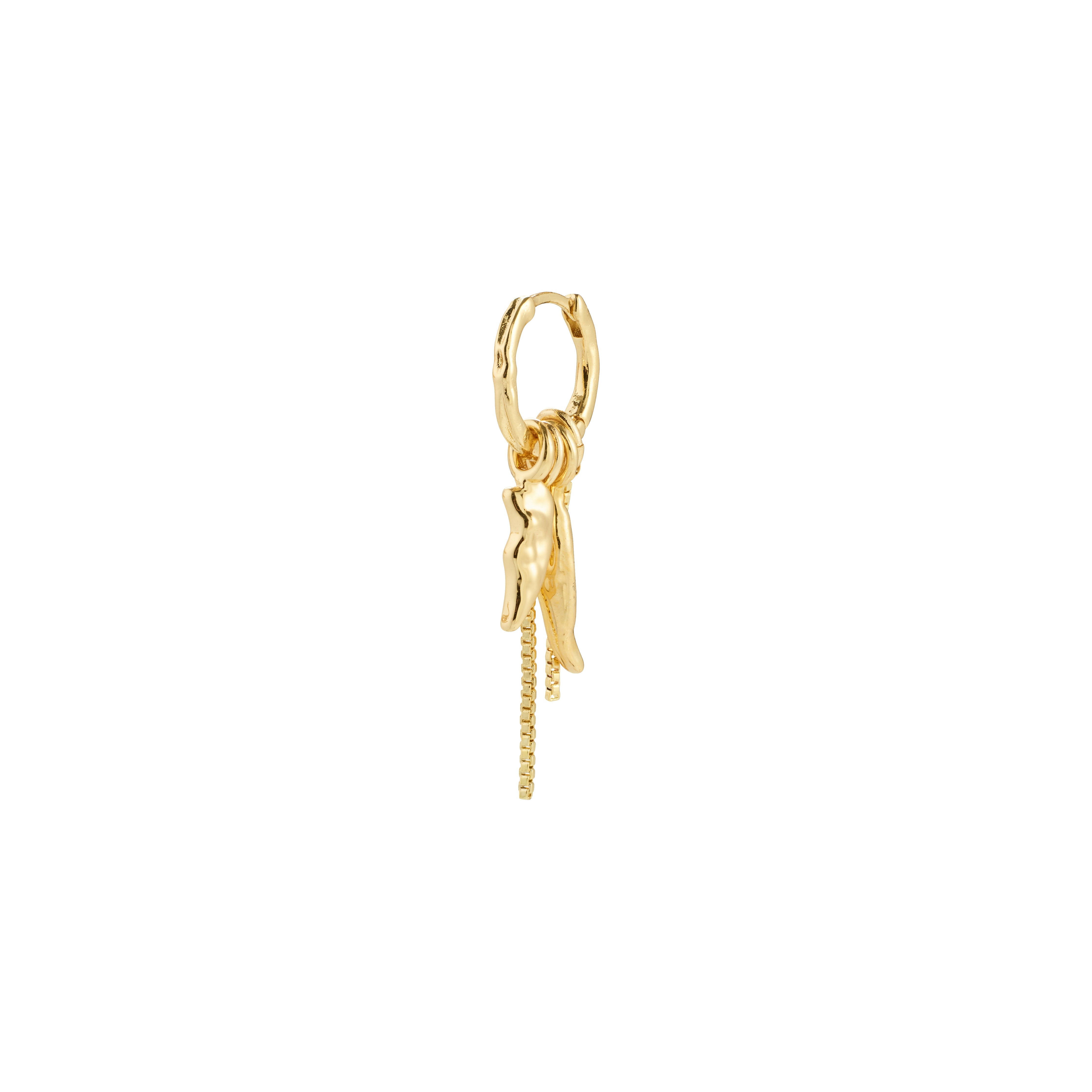 STERLING single earring gold-plated with slender chains and organic pendants, embodying a handcrafted boho-chic style, crafted from 99% recycled materials.