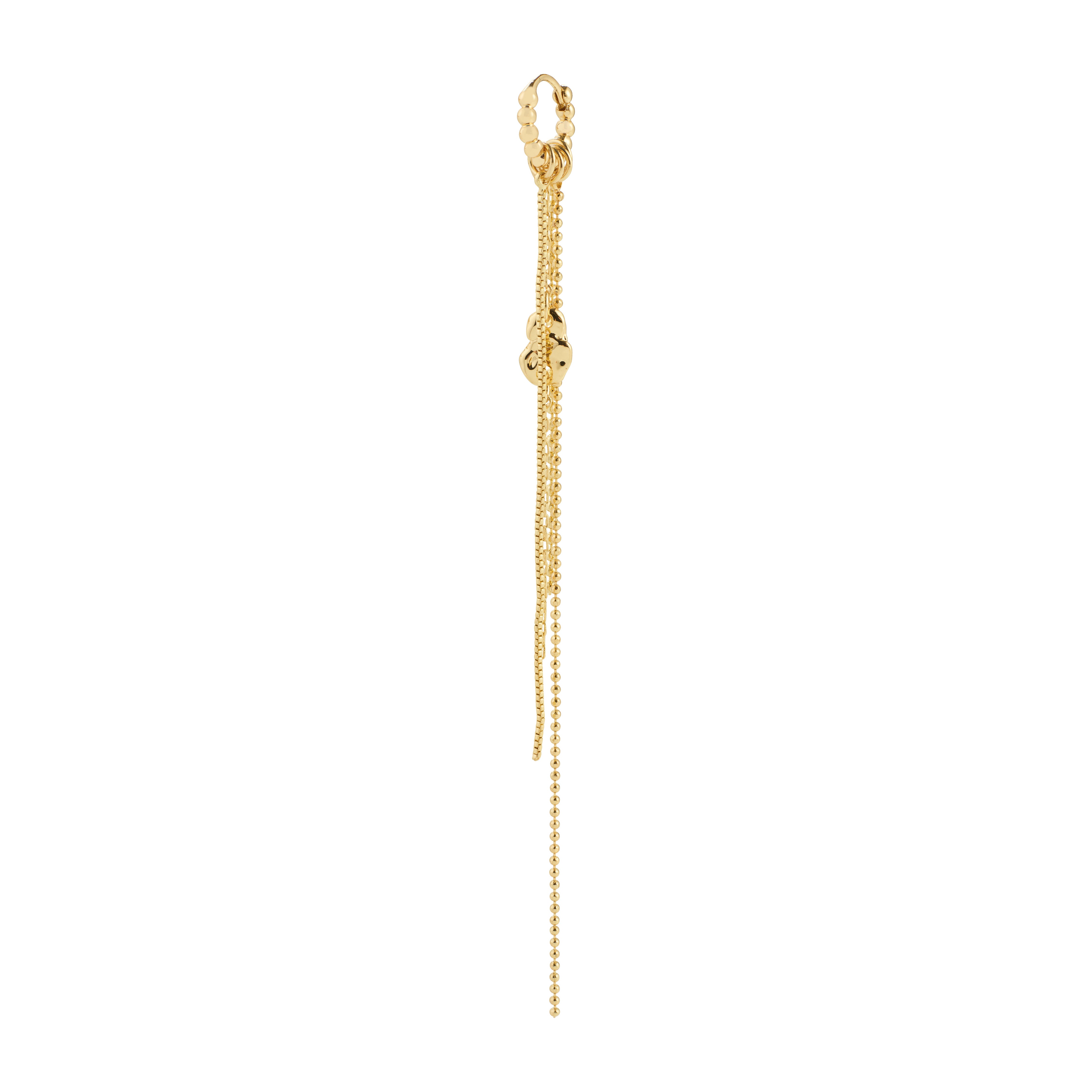 KARTER single earring, gold-plated, features asymmetrical long chains for an edgy look, crafted from 99% recycled material, perfect for a trendy, personalized style.