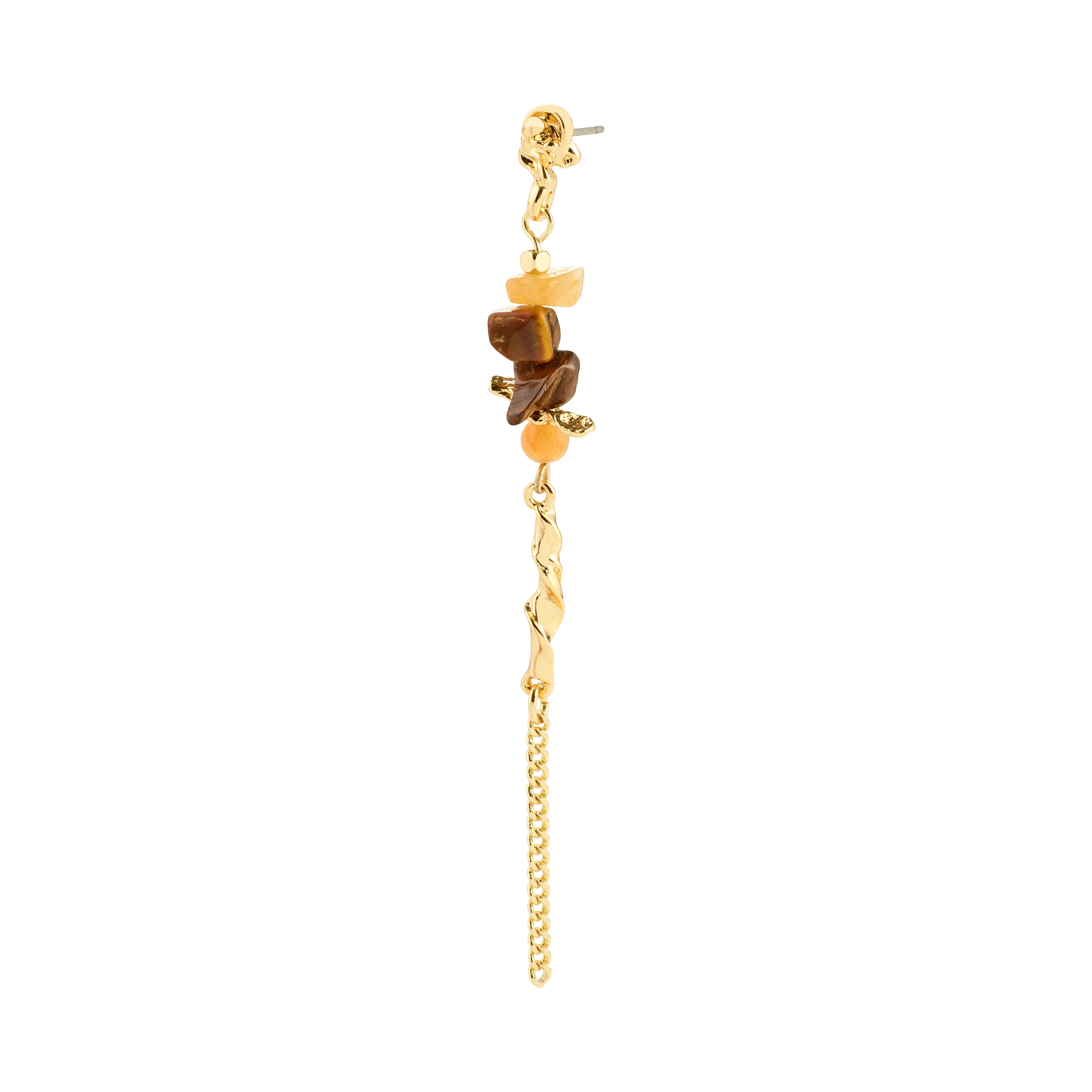 SUTTON single earring gold-plated, featuring Aventurine and Tiger Eye stones in organic shapes, embodies boho elegance and chic, perfect for unique, stylish ensembles.