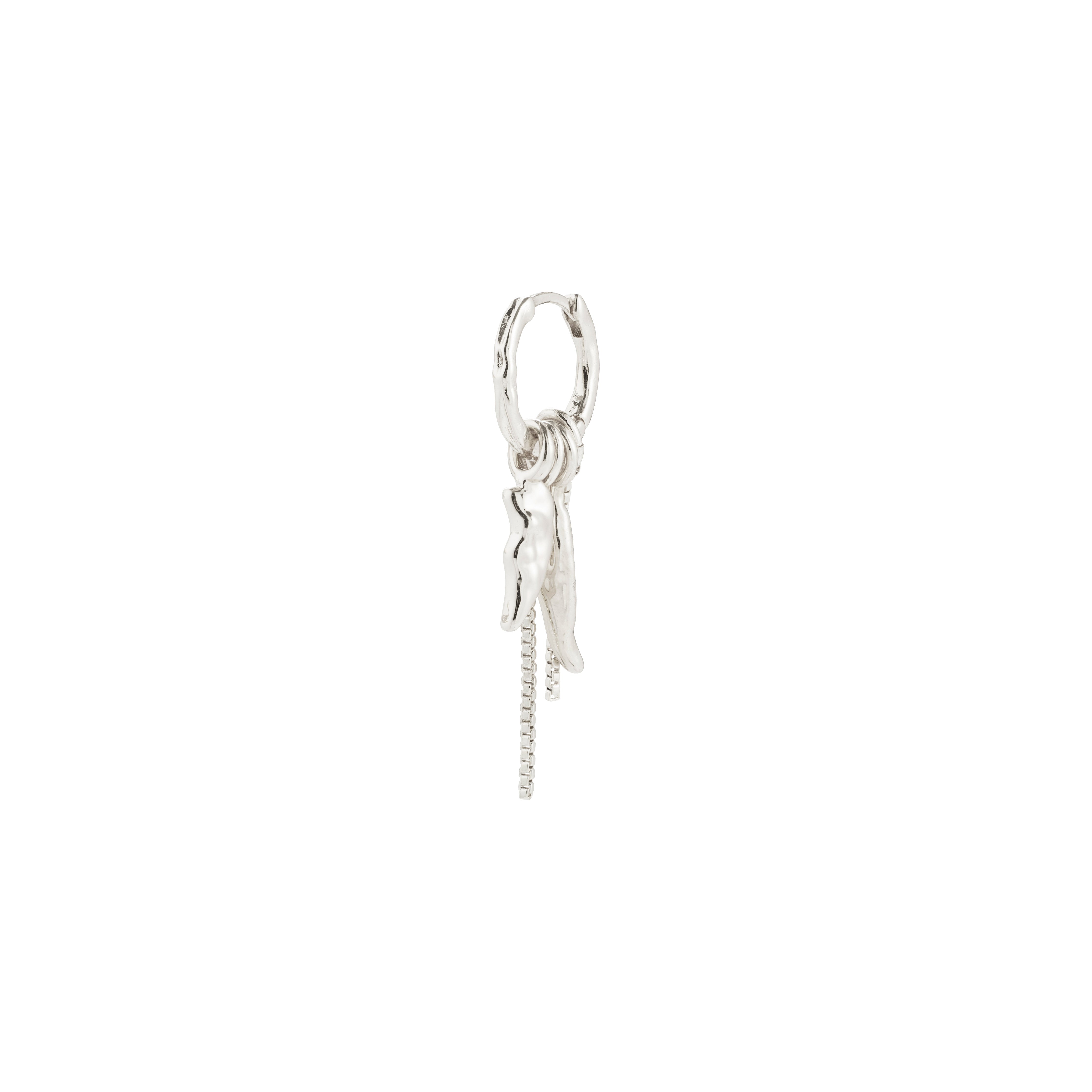 STERLING single earring: silver-plated hoop adorned with slender chains and organic pendants, boasting a luxe boho-chic vibe, crafted from 99% recycled material.