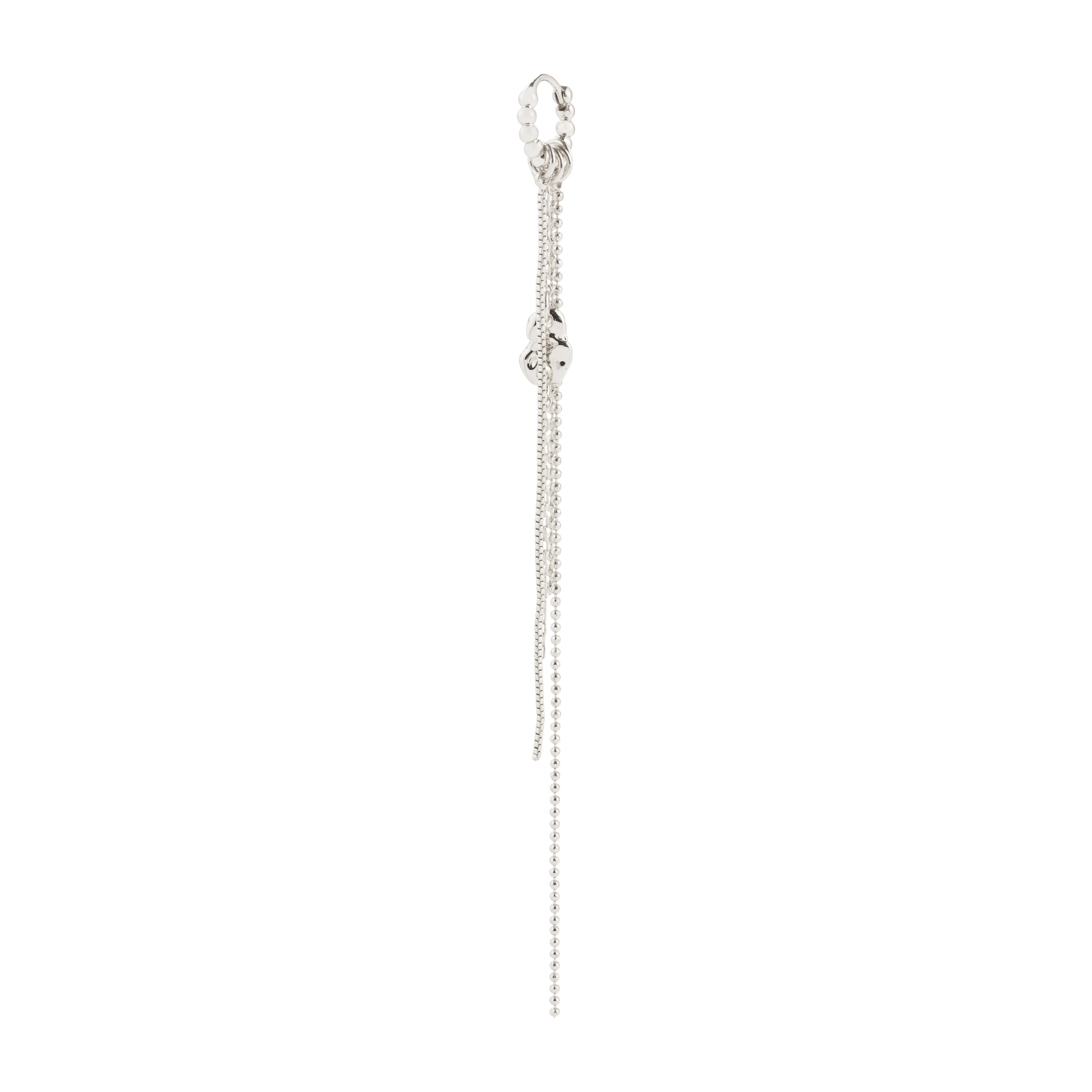 KARTER single earring: Silver-plated hoop with asymmetrical chains and festive pendant, crafted from recycled materials for an edgy, trendy look.