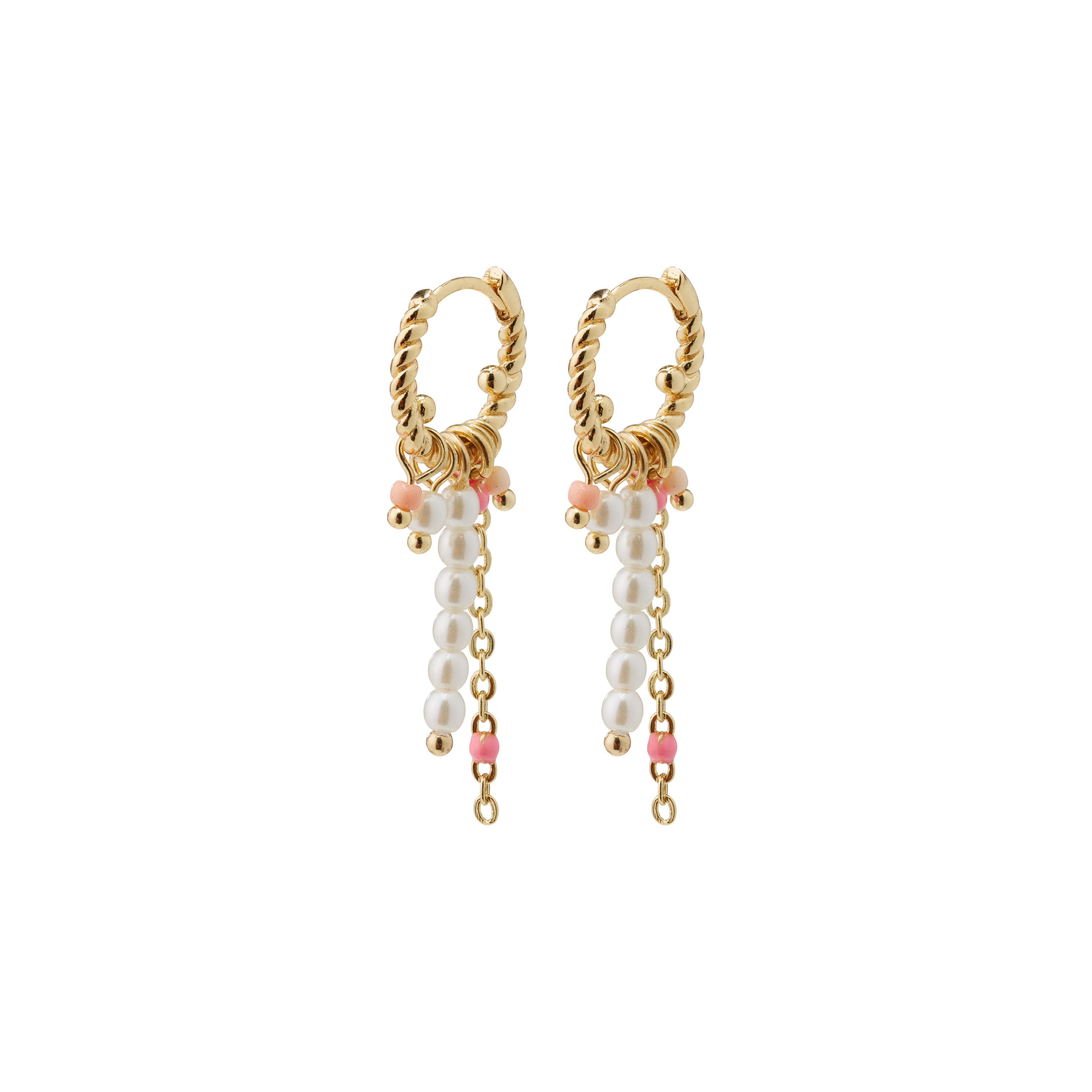 CHATERINE rose-colored twirl hoop earrings, gold-plated, featuring pink and pearl beads, exuding a breezy, feminine charm for any occasion.