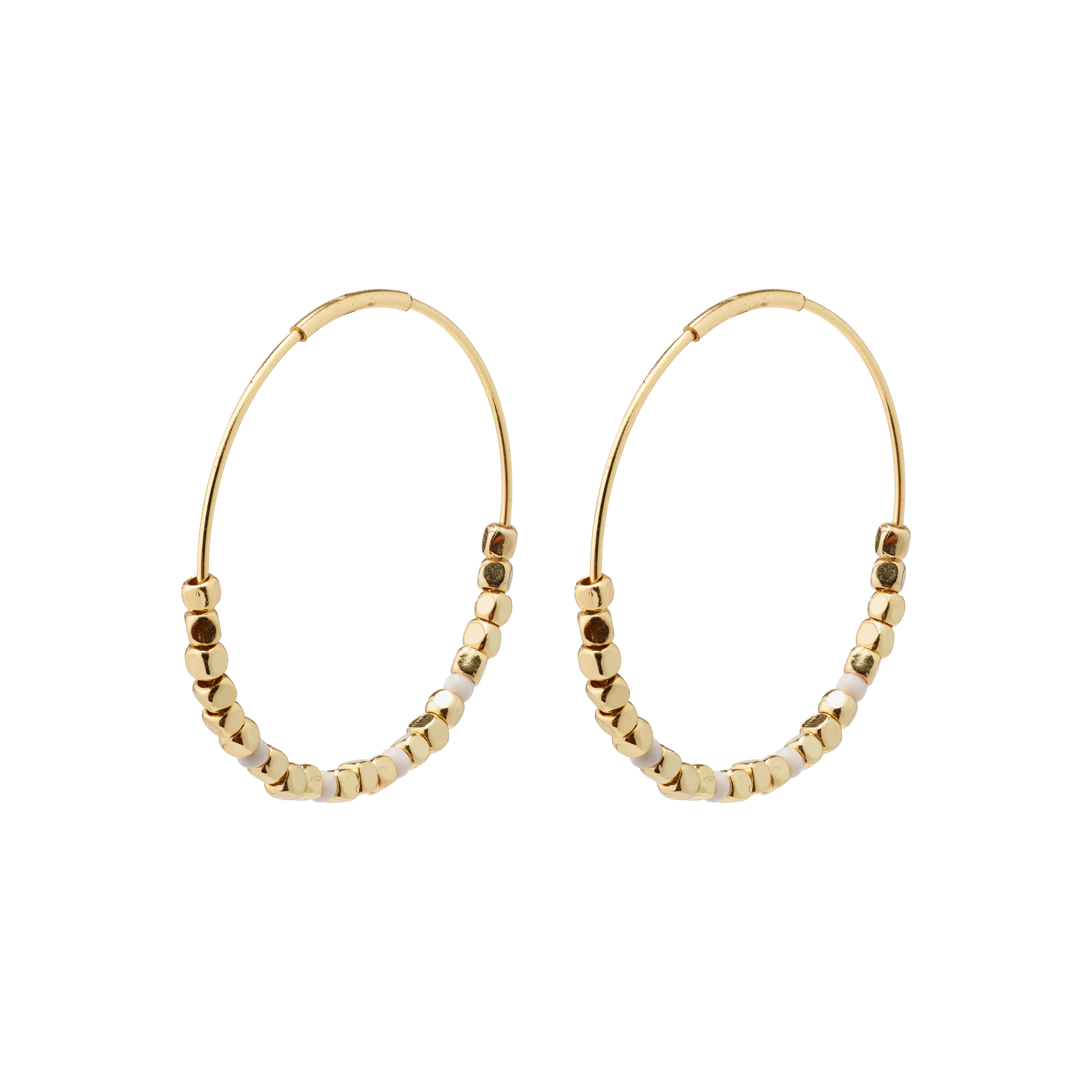 ROMINA pearl deco hoop earrings gold-plated feature minimalist hoops with faceted gold-tone and white beads, embodying Pilgrim's blend of timeless Danish style and modern flair.