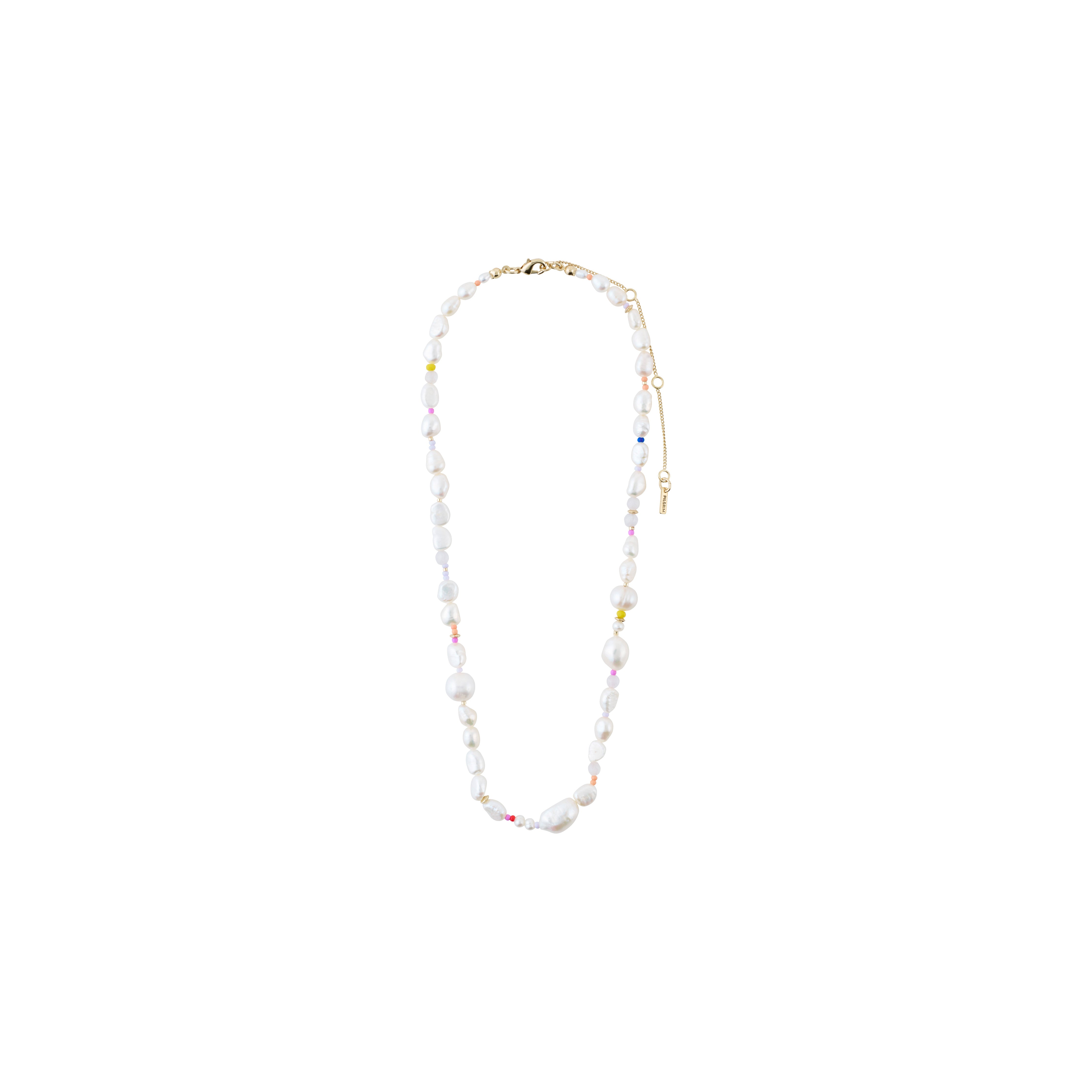 RAMONA freshwater pearl necklace, gold-plated, featuring irregular freshwater pearls and rose quartz, with colorful bead details on a white background.