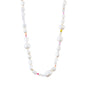 Close-up of Pilgrim's RAMONA freshwater pearl necklace, featuring irregular pearls and rose quartz stones, showcasing an organic and elegant design.