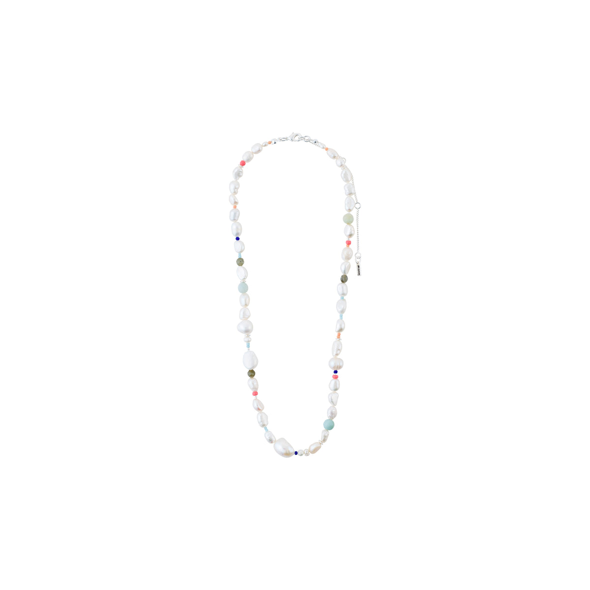RAMONA freshwater pearl necklace, silver-plated, featuring irregular freshwater pearls and dark amazonite stones, offering a unique, playful, and elegant design.