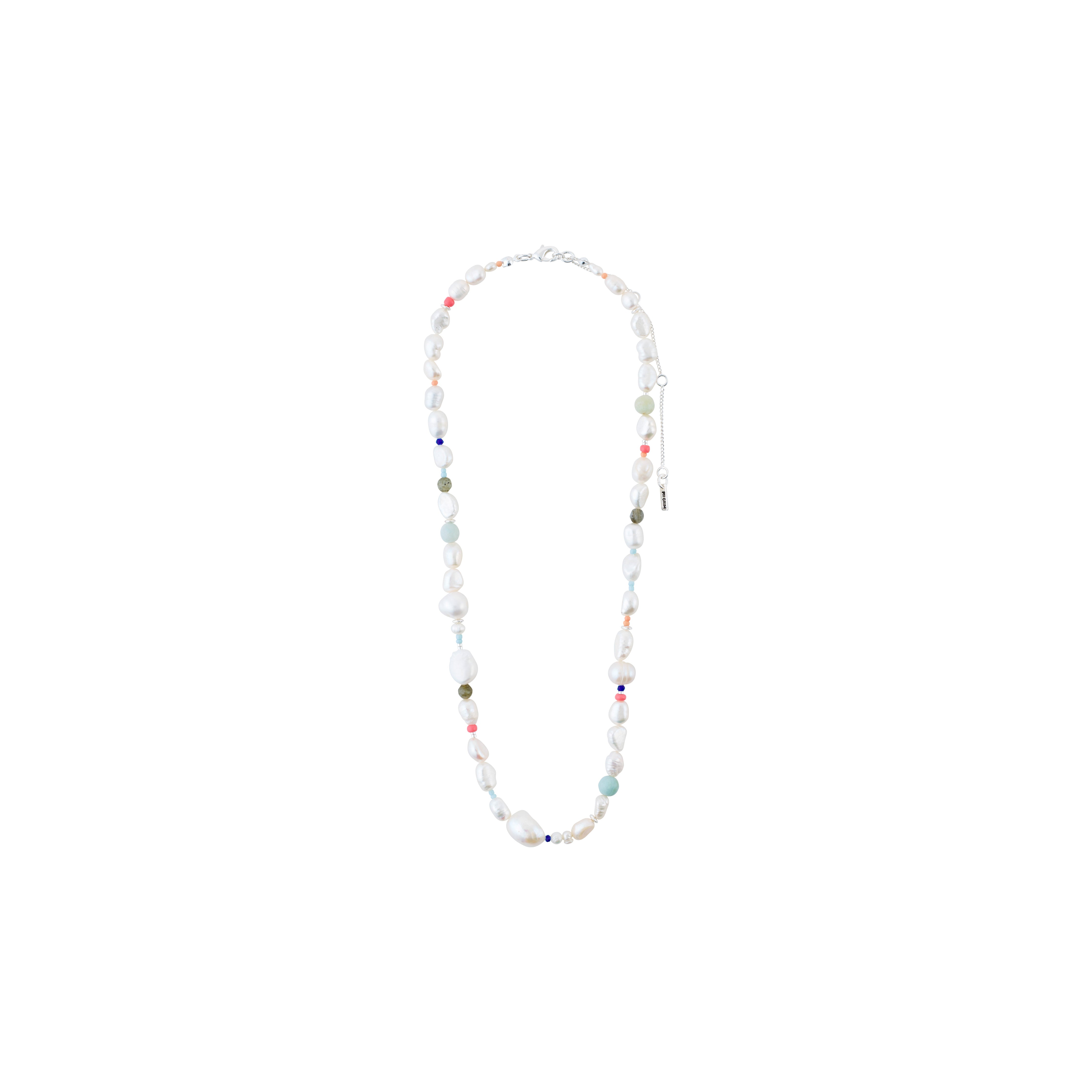 RAMONA freshwater pearl necklace, silver-plated, featuring irregular freshwater pearls and dark amazonite stones, offering a unique, playful, and elegant design.