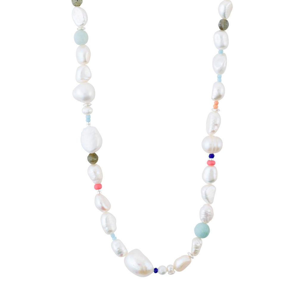 RAMONA silver-plated necklace featuring irregular freshwater pearls and colorful amazonite beads, showcasing a playful yet classic design from Pilgrim's Energetic collection. Measures 40 cm + 9 cm extension.