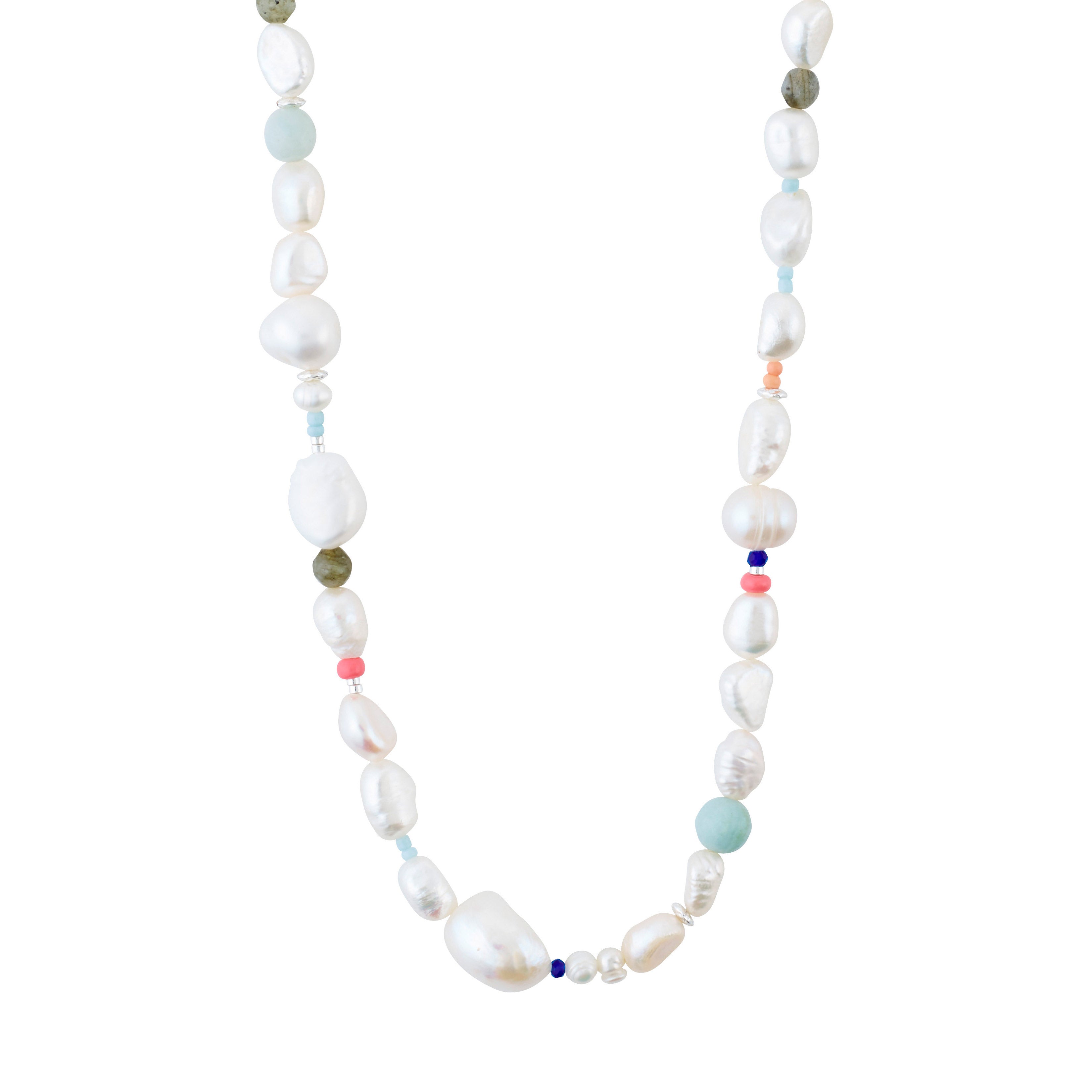RAMONA silver-plated necklace featuring irregular freshwater pearls and colorful amazonite beads, showcasing a playful yet classic design from Pilgrim's Energetic collection. Measures 40 cm + 9 cm extension.