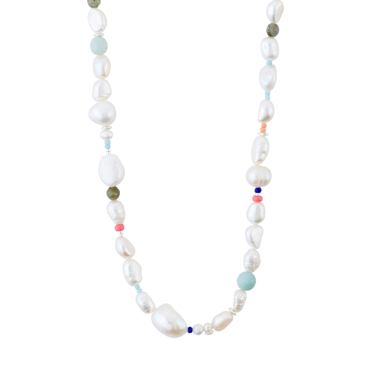 RAMONA silver-plated necklace featuring irregular freshwater pearls and colorful amazonite beads, showcasing a playful yet classic design from Pilgrim's Energetic collection. Measures 40 cm + 9 cm extension.