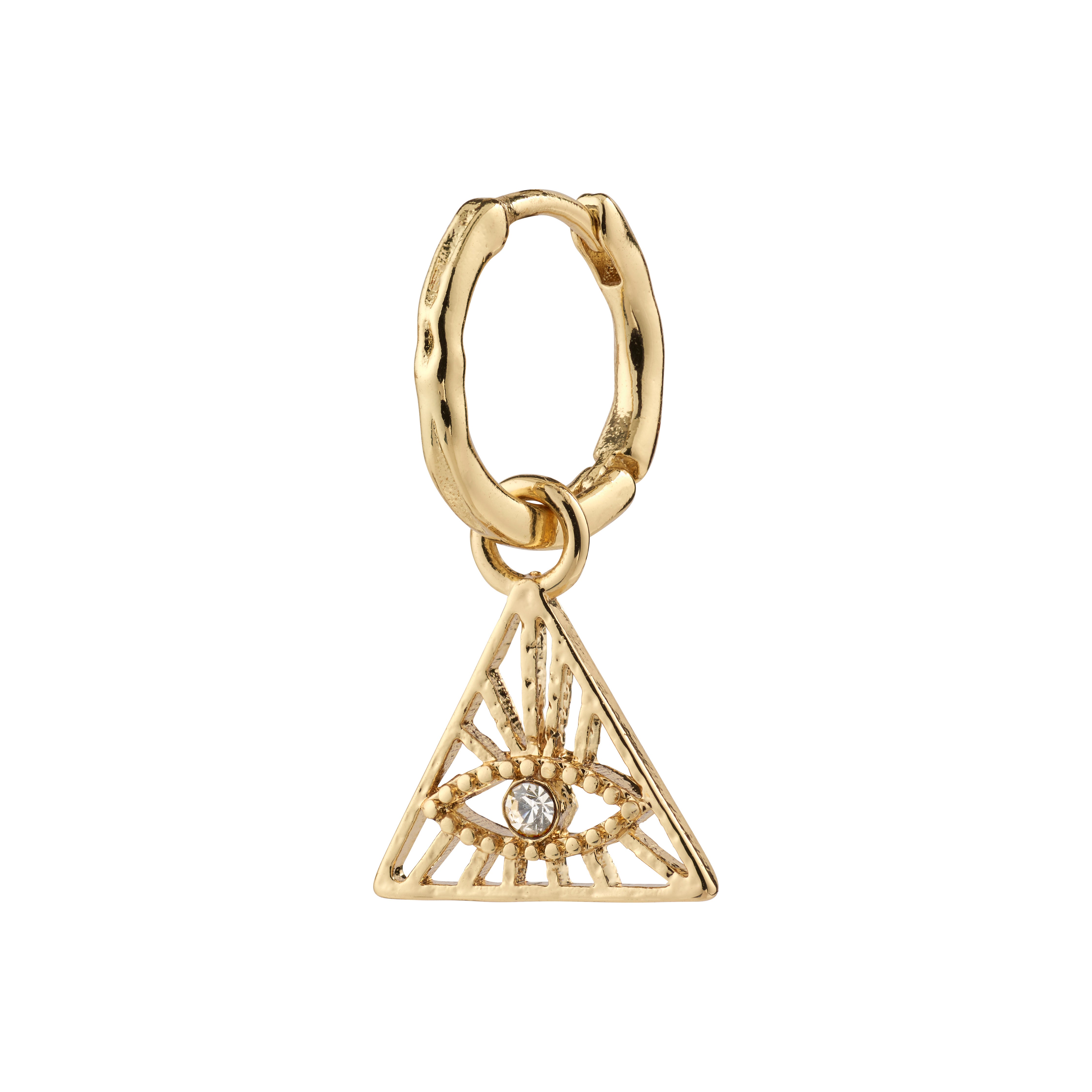 SIBYLLA single gold-plated earring featuring a triangle motif with a central Preciosa crystal, embodying the all-seeing eye. Made from 98% recycled material.