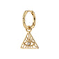 SIBYLLA single gold-plated earring featuring a triangle motif with a central Preciosa crystal, embodying the all-seeing eye. Made from 98% recycled material.
