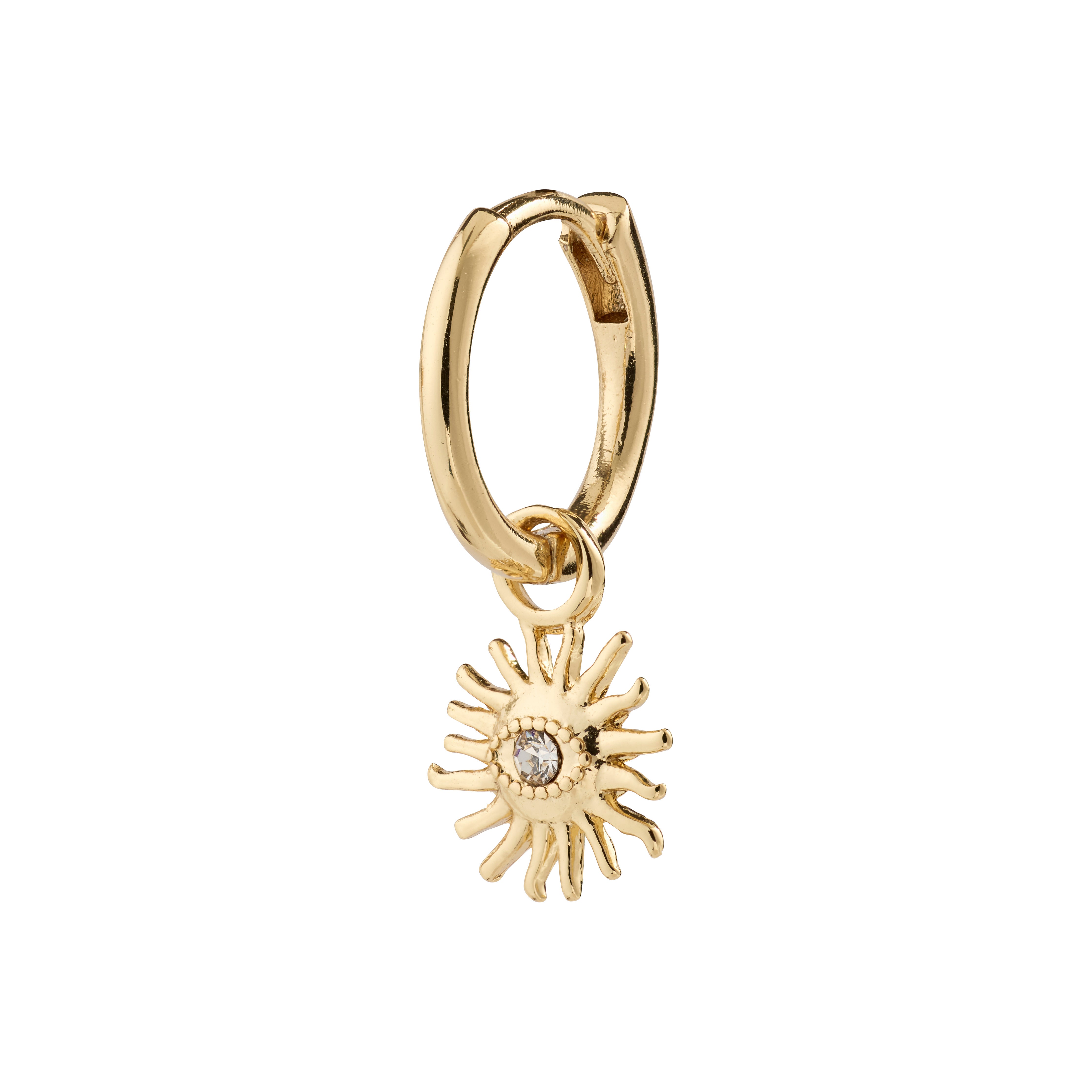 TITANIA single earring gold-plated features a gold hoop with a sun pendant and Preciosa crystal, offering a luxe boho vibe.
