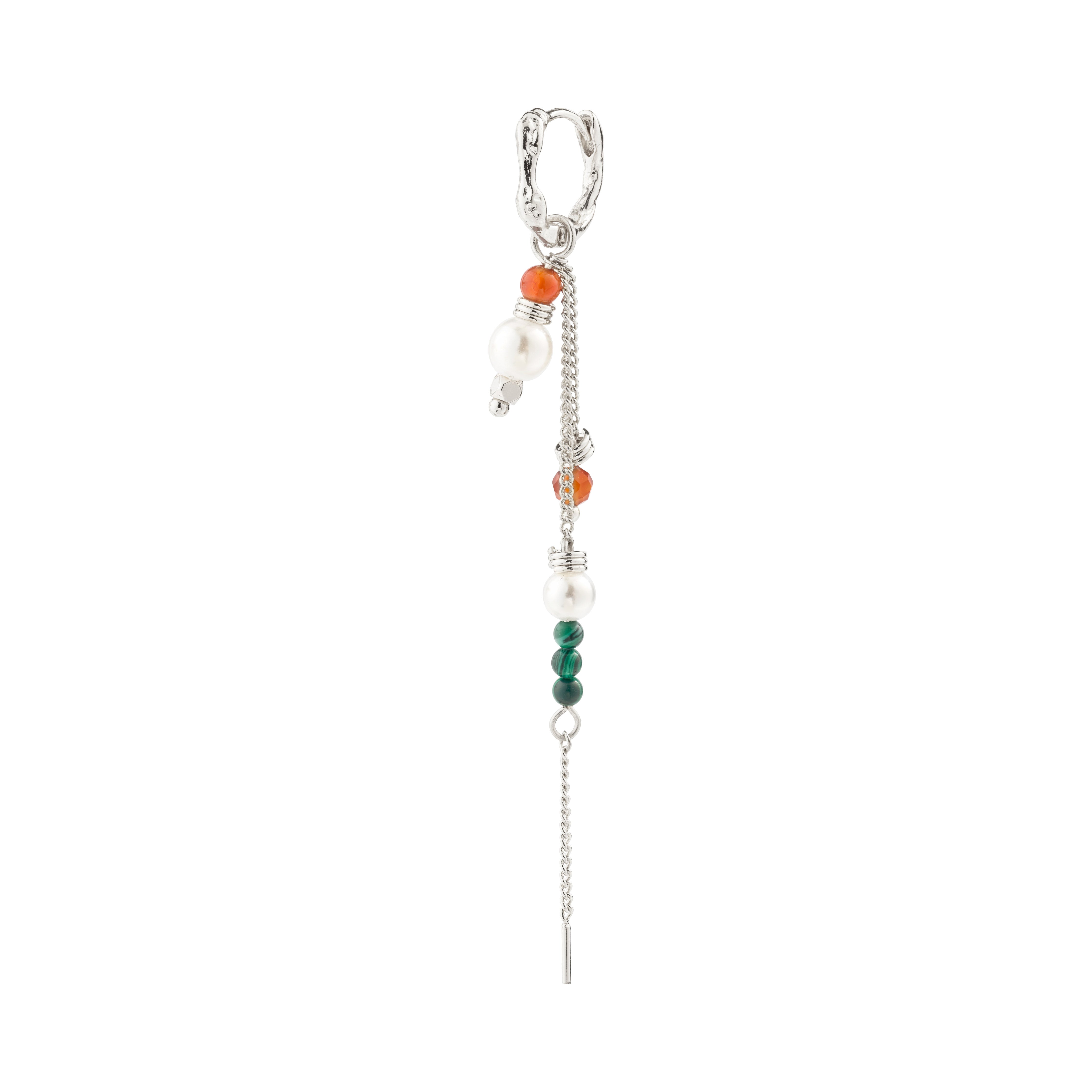 SIBYL single earring, silver-plated with a slender chain and colorful glass beads, reflecting a playful, handcrafted lux boho style.