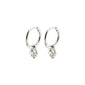 Silver-plated LEAF huggie hoops with small heart pendants and snap closures, part of Pilgrim's recycled collection, made from minimum 75% recycled materials.