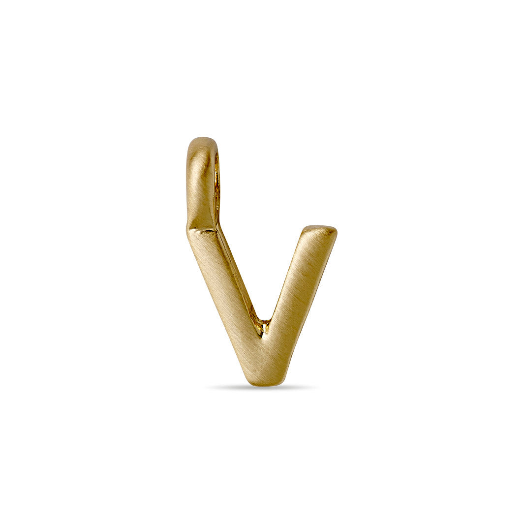 Gold-plated CHARM V pendant with a loop for chain threading, perfect for personalized, stylish accessorizing. Ideal for wearing solo or with other letters.