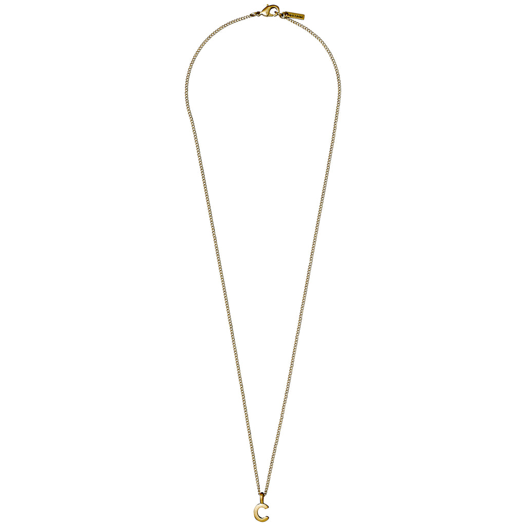 CHARM necklace with C pendant, gold-plated, featuring a delicate chain with lobster-claw clasp and extender, crafted from 99% recycled materials, offering a personalized touch.