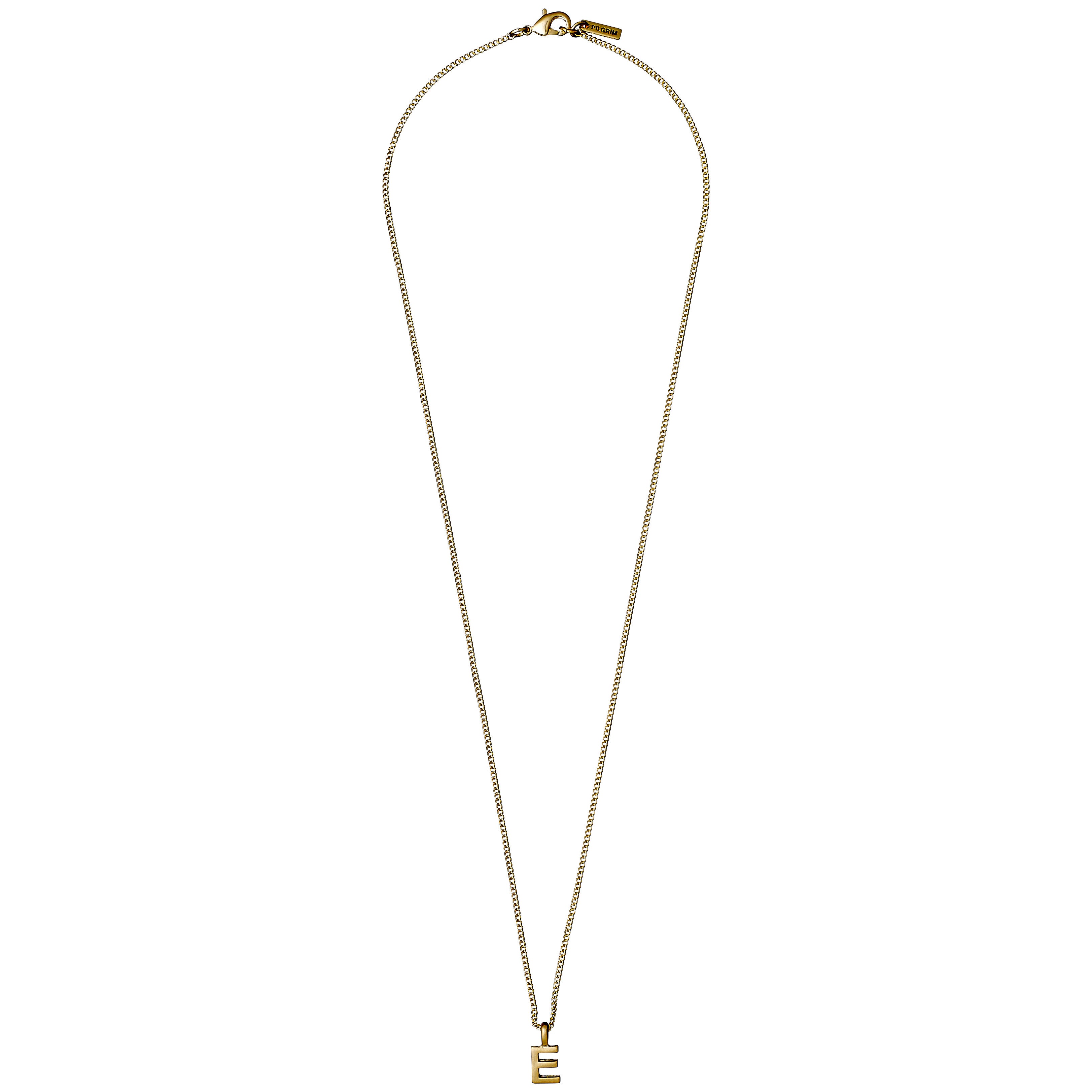 Gold-plated CHARM necklace featuring a delicate curb chain and block-style E pendant, offering personalized elegance with a lobster-claw clasp for a bespoke touch.