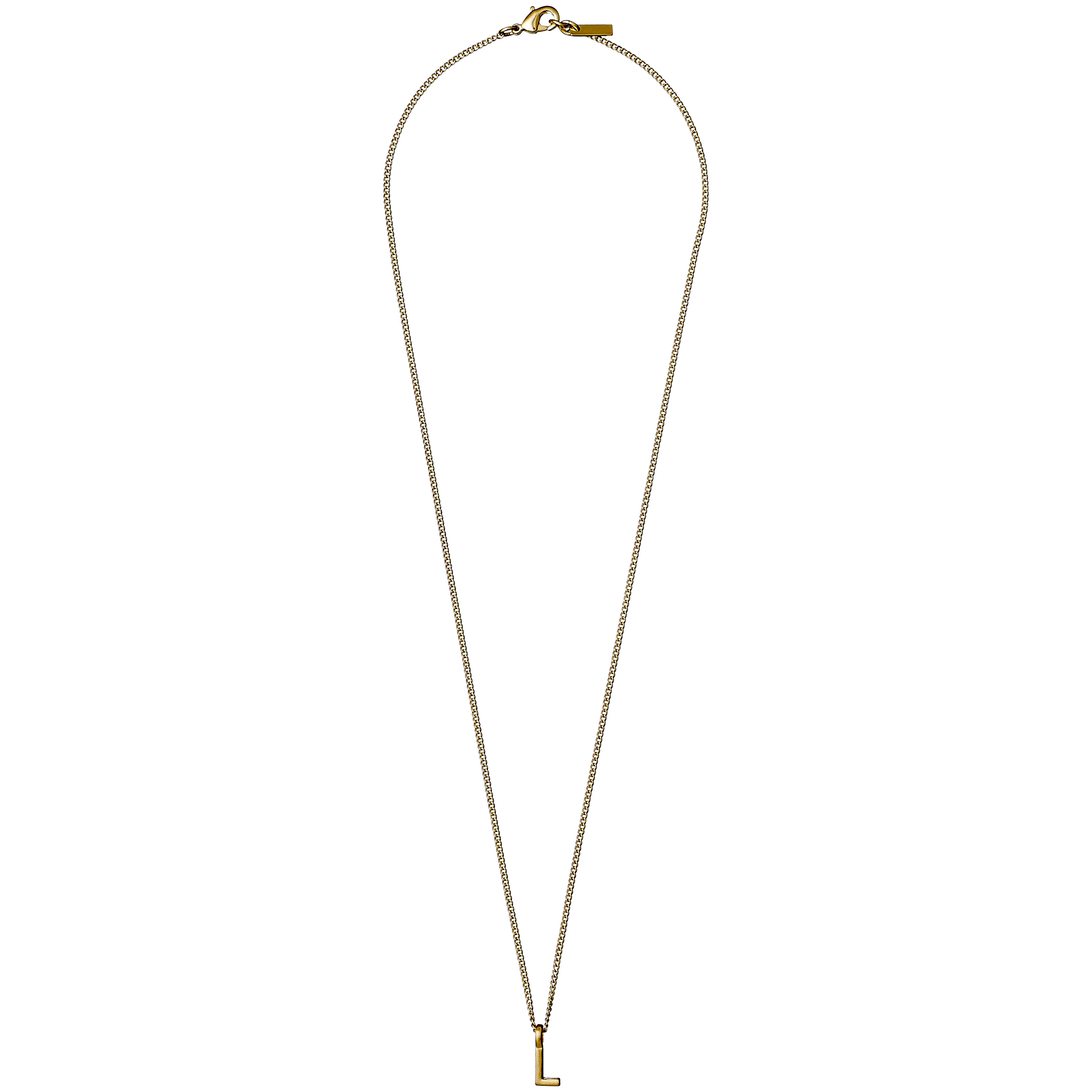 Gold-plated CHARM necklace with an L pendant, featuring a fine chain and lobster clasp, offering a personalized touch to your jewelry collection.