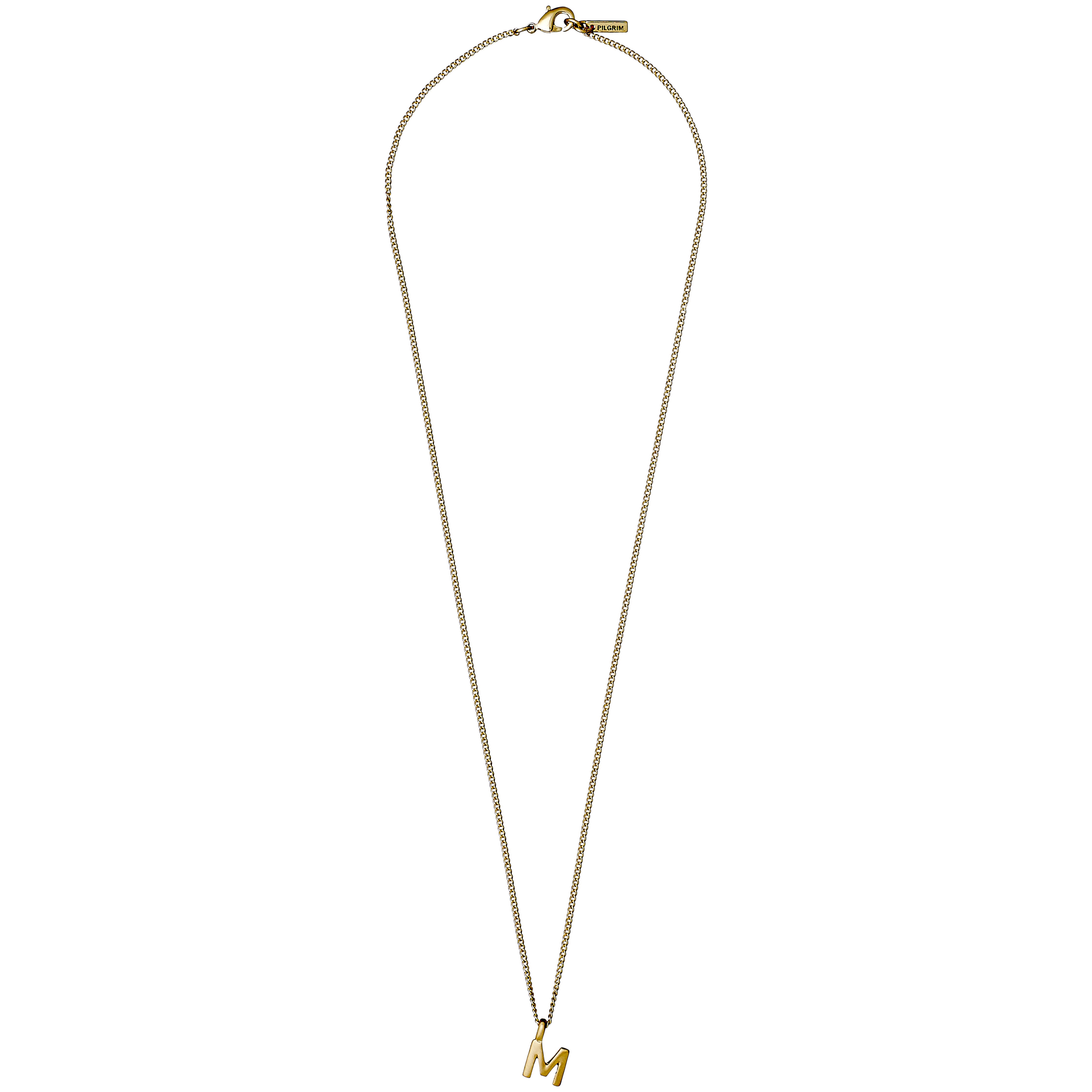 Gold-plated CHARM necklace featuring an M pendant on a fine chain, with a Pilgrim tag near the clasp, 43 cm long.
