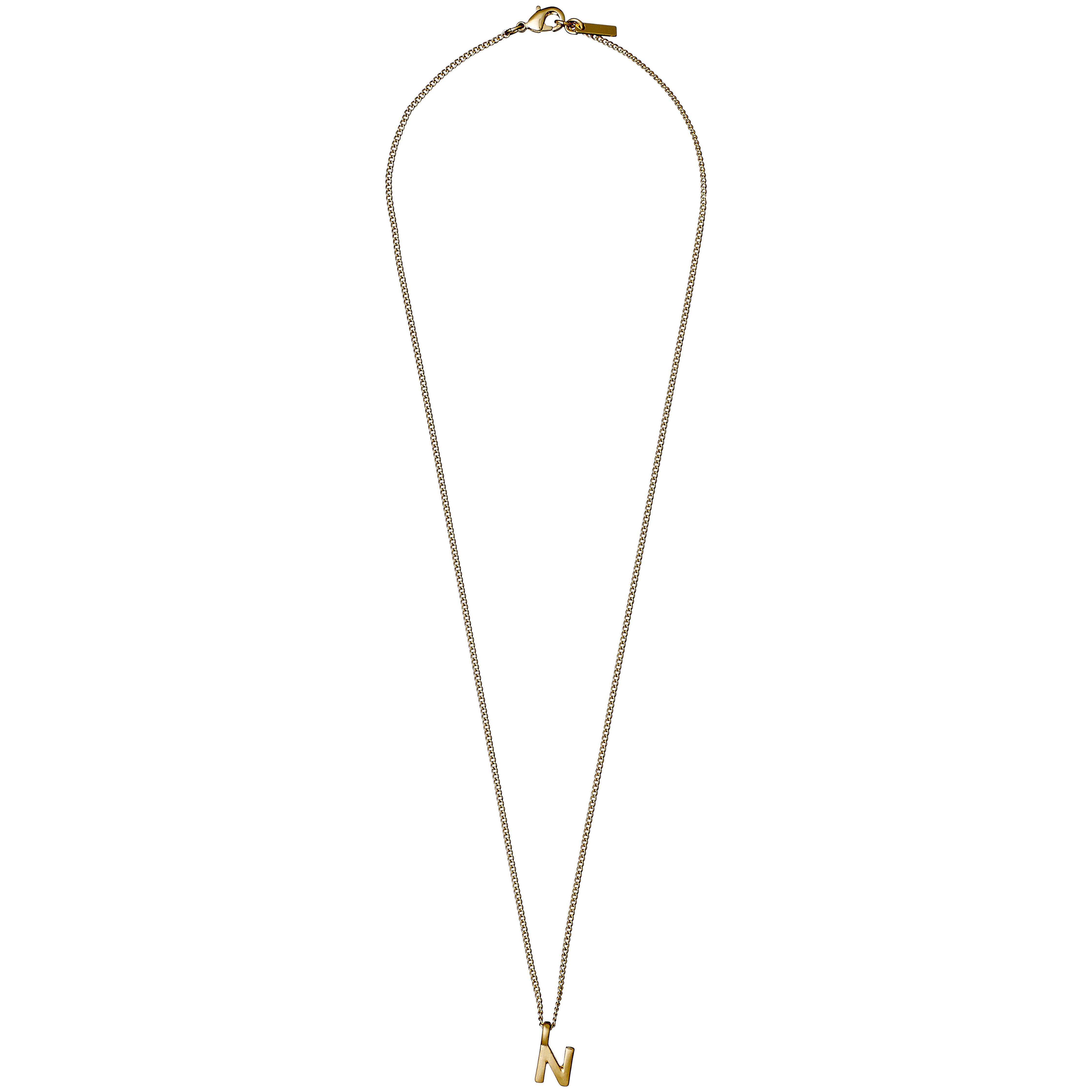 CHARM necklace with N pendant, gold-plated: A minimalist, gold-tone chain with a block-style “N” charm, featuring a delicate lobster-claw clasp, 43 cm long.