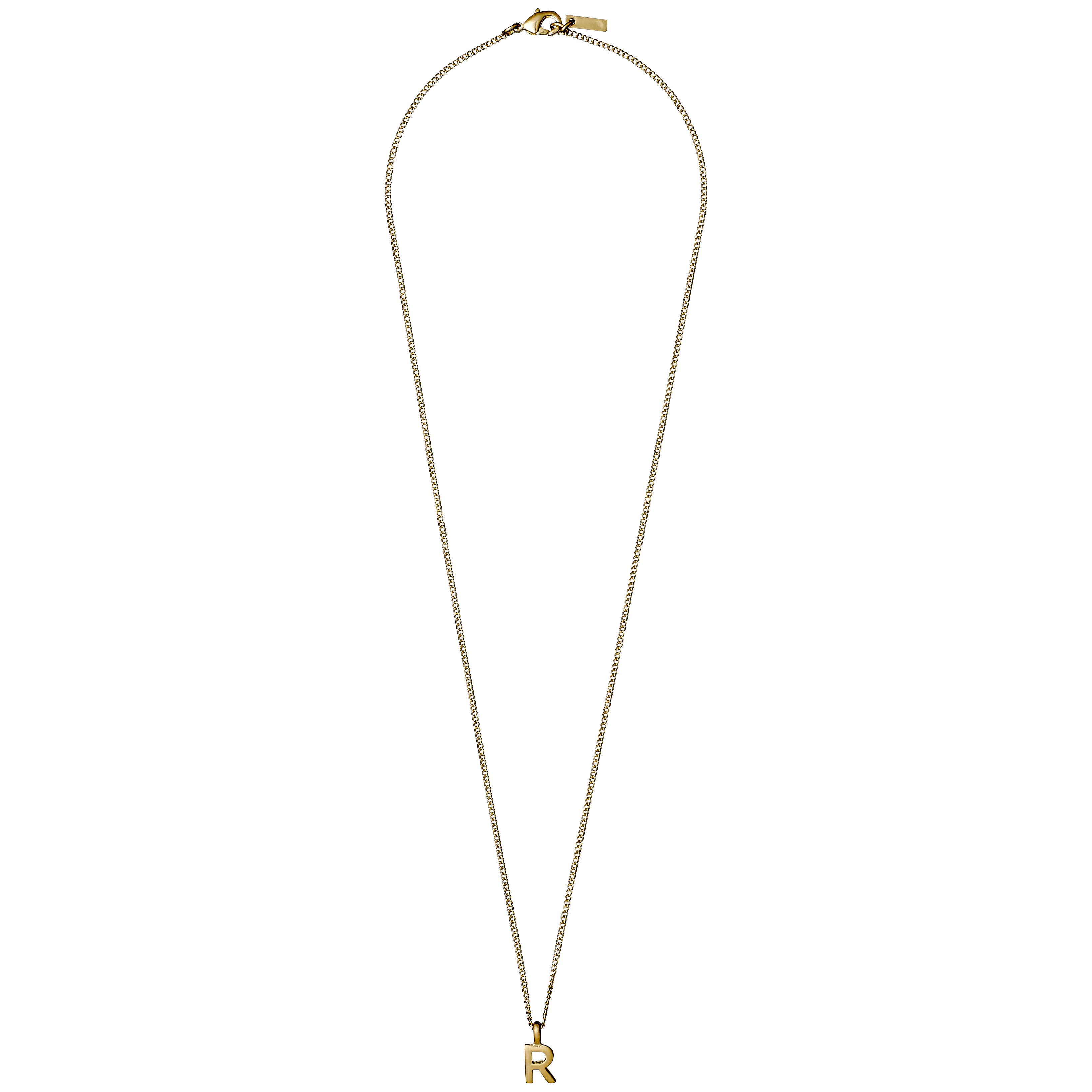 Gold CHARM necklace with an R pendant, featuring a fine chain and lobster-claw clasp. Crafted from 99% recycled materials, it offers personalized elegance.